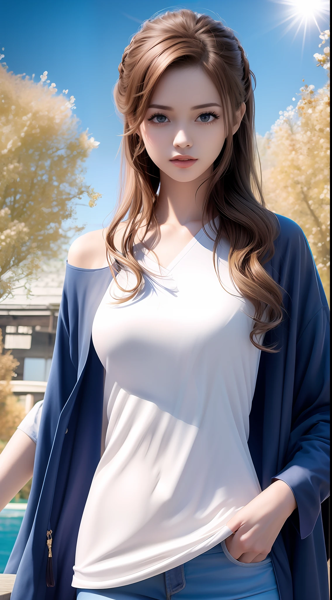 4k ultra hd, masterpiece, very high quality, a girl, age 20 years old girl, good face, smooth face, detailed eyes, beautiful hair, very long hair, hair band, medium breasts, wait 40kg, hight 5.2 feet, cute look, modern clothes, white shirt, blue jeans, good shoes, morning background, buildings, sun lights, clear weather, stylish looking,