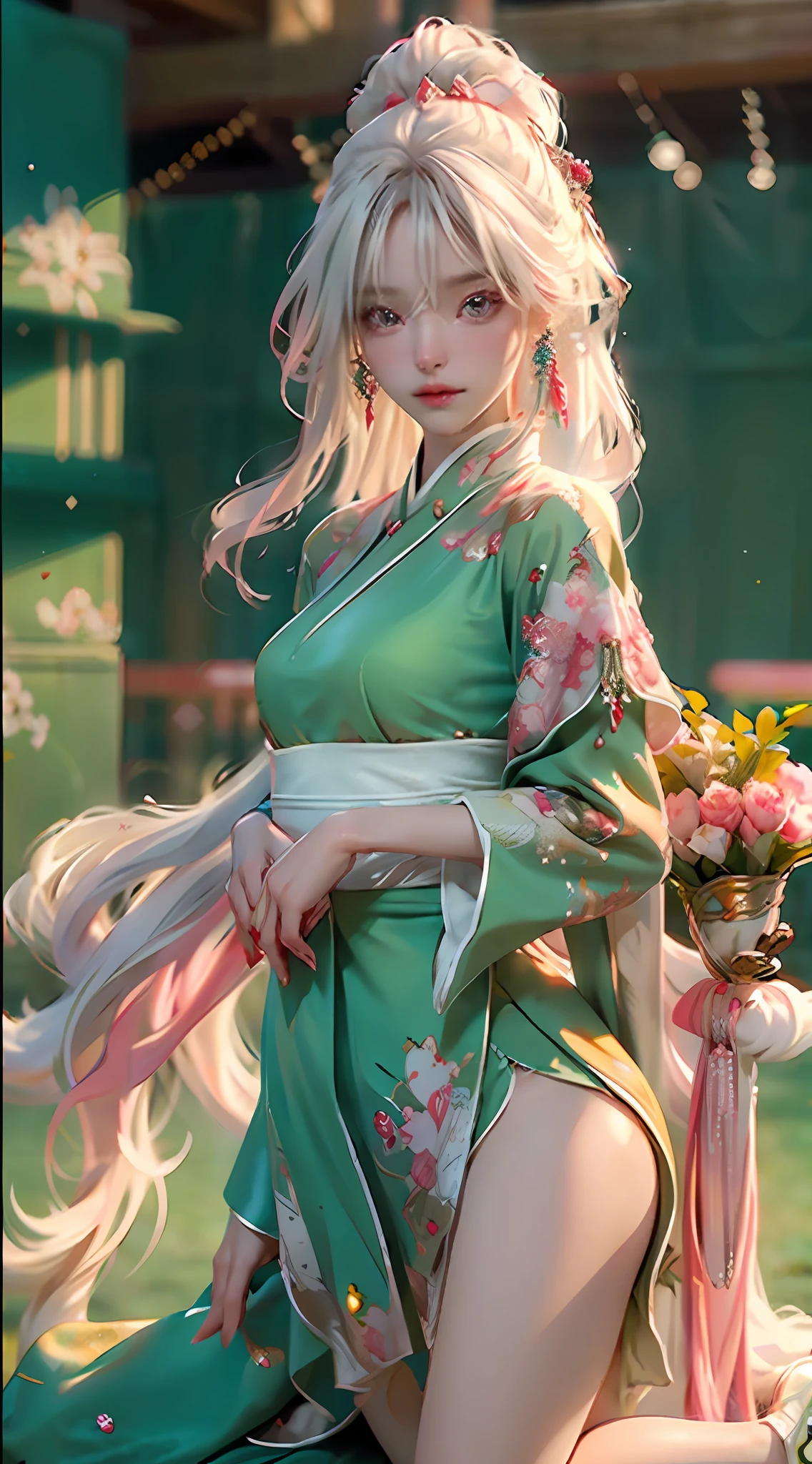 There is a girl in a green dress, plum blossoms, palaces, oriental architecture ray tracing, {best quality}, {{masterpiece}}, extremely detailed 8K wallpaper, {an extremely delicate and beautiful}, colorful, intricately detailed, Realistic, real, camera quality, (detailed depiction of clothes), cool white skin, (detailed depiction of blush), 1080p, sun, soft cuteness, smooth light silver hair, messy beauty, lighting, broken feeling, bright and silky skin , 3D stereoscopic, masterpiece, best quality, super fine illustration, beautiful eyes, very fine light, fine glow, very fine 8K CG wallpaper, peach eyes, red pupils, an extremely delicate and beautiful girl, 8k Wallpaper, best quality, full body close-up, white long dress, luxurious silky bright red chiffon floodlight (magic, glitter, ultra-thin, soft,) Hanfu