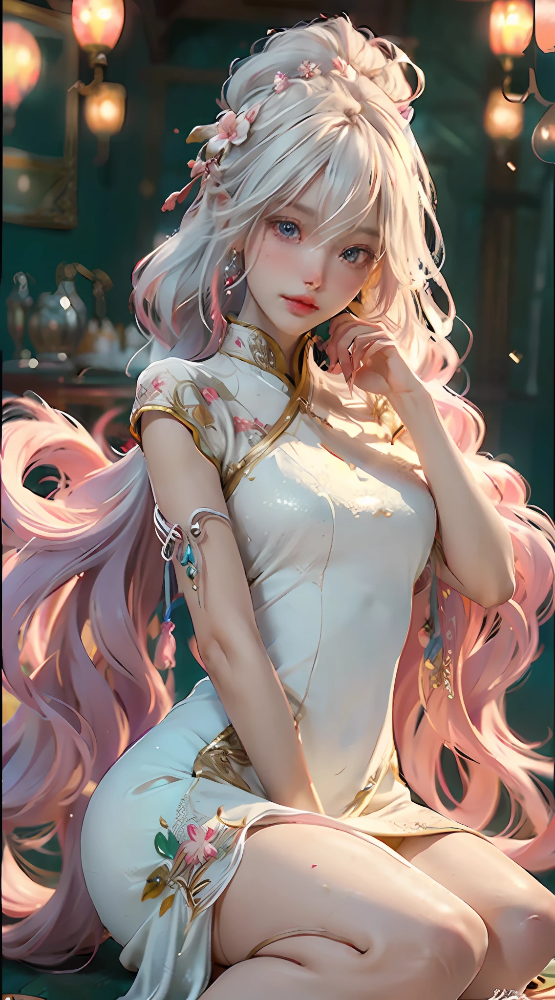 There is a girl in a green dress, plum blossoms, palaces, oriental architecture ray tracing, {best quality}, {{masterpiece}}, extremely detailed 8K wallpaper, {an extremely delicate and beautiful}, colorful, intricately detailed, Realistic, real, camera quality, (detailed depiction of clothes), cool white skin, (detailed depiction of blush), 1080p, sun, soft cuteness, smooth light silver hair, messy beauty, lighting, broken feeling, bright and silky skin , 3D stereoscopic, masterpiece, best quality, super fine illustration, beautiful eyes, very fine light, fine glow, very fine 8K CG wallpaper, peach eyes, red pupils, an extremely delicate and beautiful girl, 8k Wallpaper, best quality, full body close-up, white long dress, luxurious silky bright red chiffon floodlight (magic, glitter, ultra-thin, soft,) Hanfu