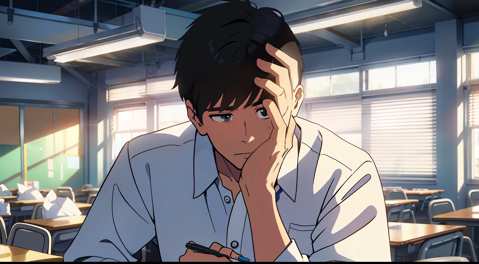 high school classroom，One wears a white shirt，A boy with delicate facial features，Pen in hand，Write with your head down