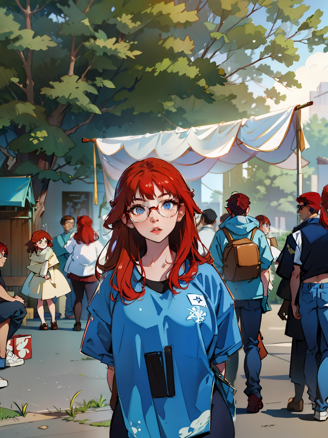 Red hair, blue clothes, glasses