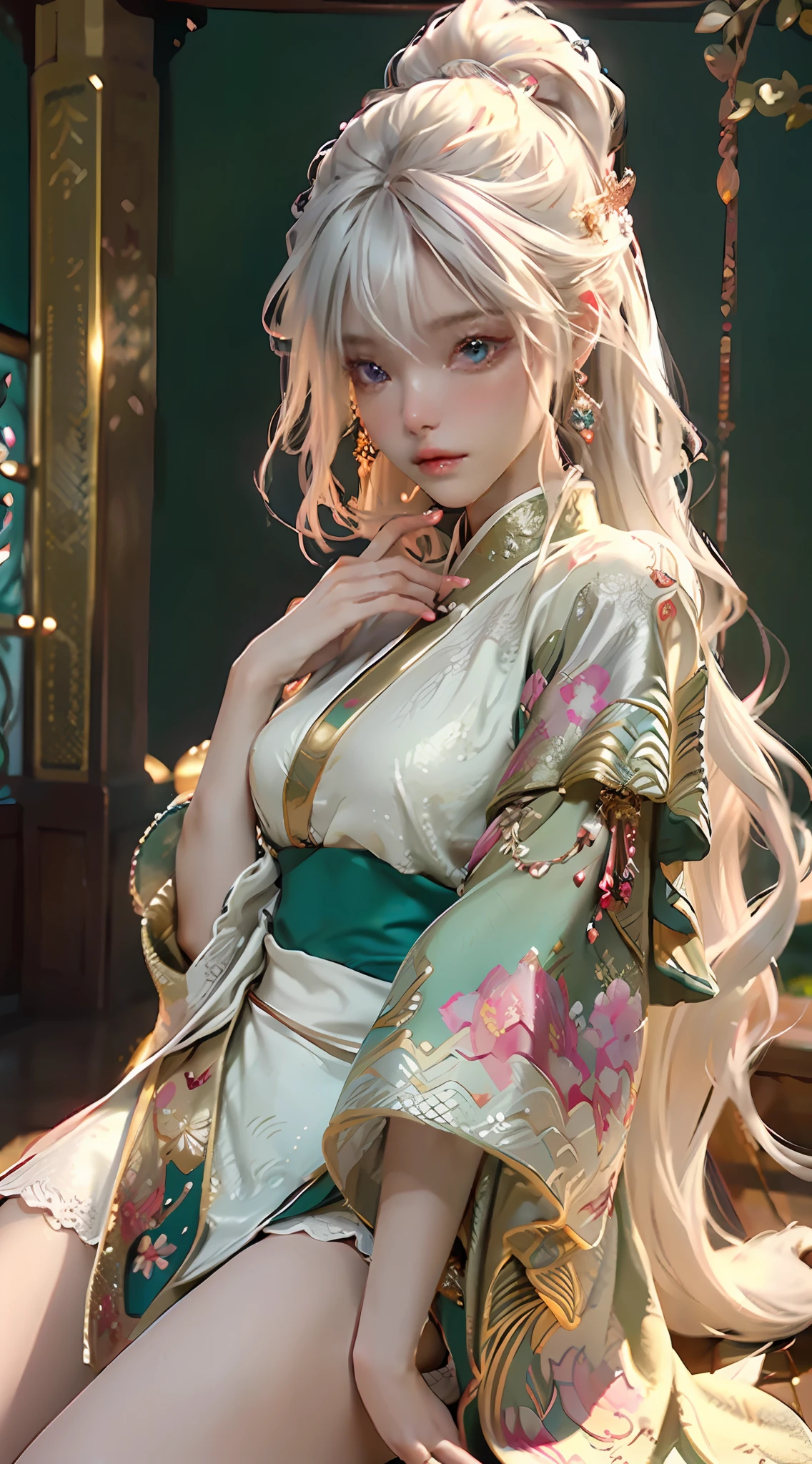 There is a girl in a green dress, plum blossoms, palaces, oriental architecture ray tracing, {best quality}, {{masterpiece}}, extremely detailed 8K wallpaper, {an extremely delicate and beautiful}, colorful, intricately detailed, Realistic, real, camera quality, (detailed depiction of clothes), cool white skin, (detailed depiction of blush), 1080p, sun, soft cuteness, smooth light silver hair, messy beauty, lighting, broken feeling, bright and silky skin , 3D stereoscopic, masterpiece, best quality, super fine illustration, beautiful eyes, very fine light, fine glow, very fine 8K CG wallpaper, peach eyes, red pupils, an extremely delicate and beautiful girl, 8k Wallpaper, best quality, full body close-up, white long dress, luxurious silky bright red chiffon floodlight (magic, glitter, ultra-thin, soft,) Hanfu