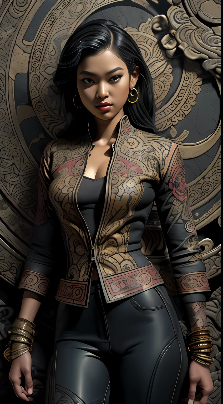 Textures: 1.5, gold: 1.1, white: 1.3, red: 1.3, (indonesian woman), sexy, tattoos, voluptuous, exotics, erotic, (power puffer clothes: 1.2), 3d graffitti, abstract, lines, (batik) , (balinese art), (balinese culture), background circles, by Adam Hughes, art by Jay Anacleto