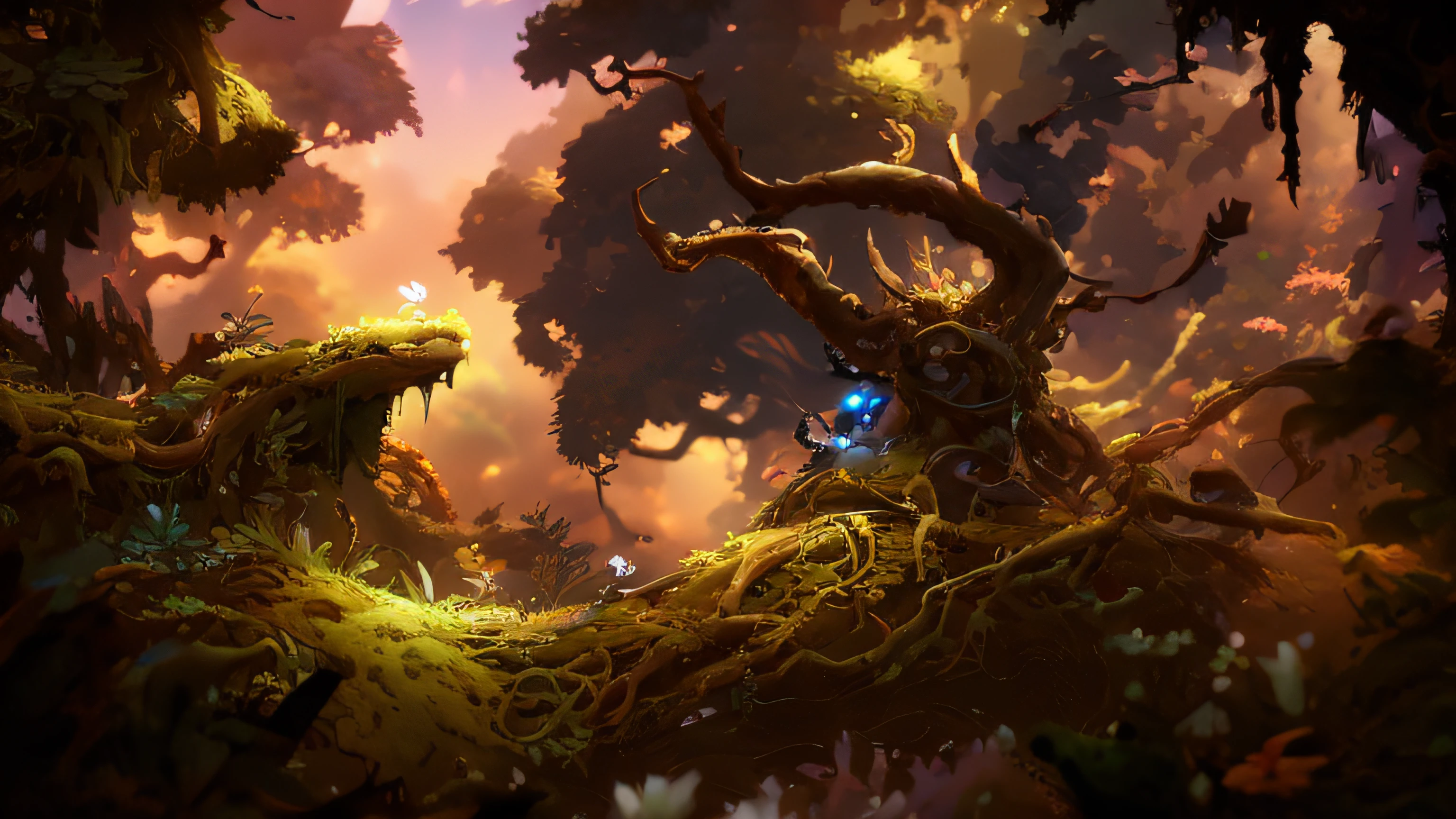 In the forest there is a dragon and a man's Araffed tree, ori and the will of the wisps, Ori and the blind, Ori and the Blind Forest, key art, Ori, ultra detailed game art, game key art, 8k hd wallpaperjpeg artifact, 8k hd wallpaperjpeg artifact, treant, High quality wallpaper