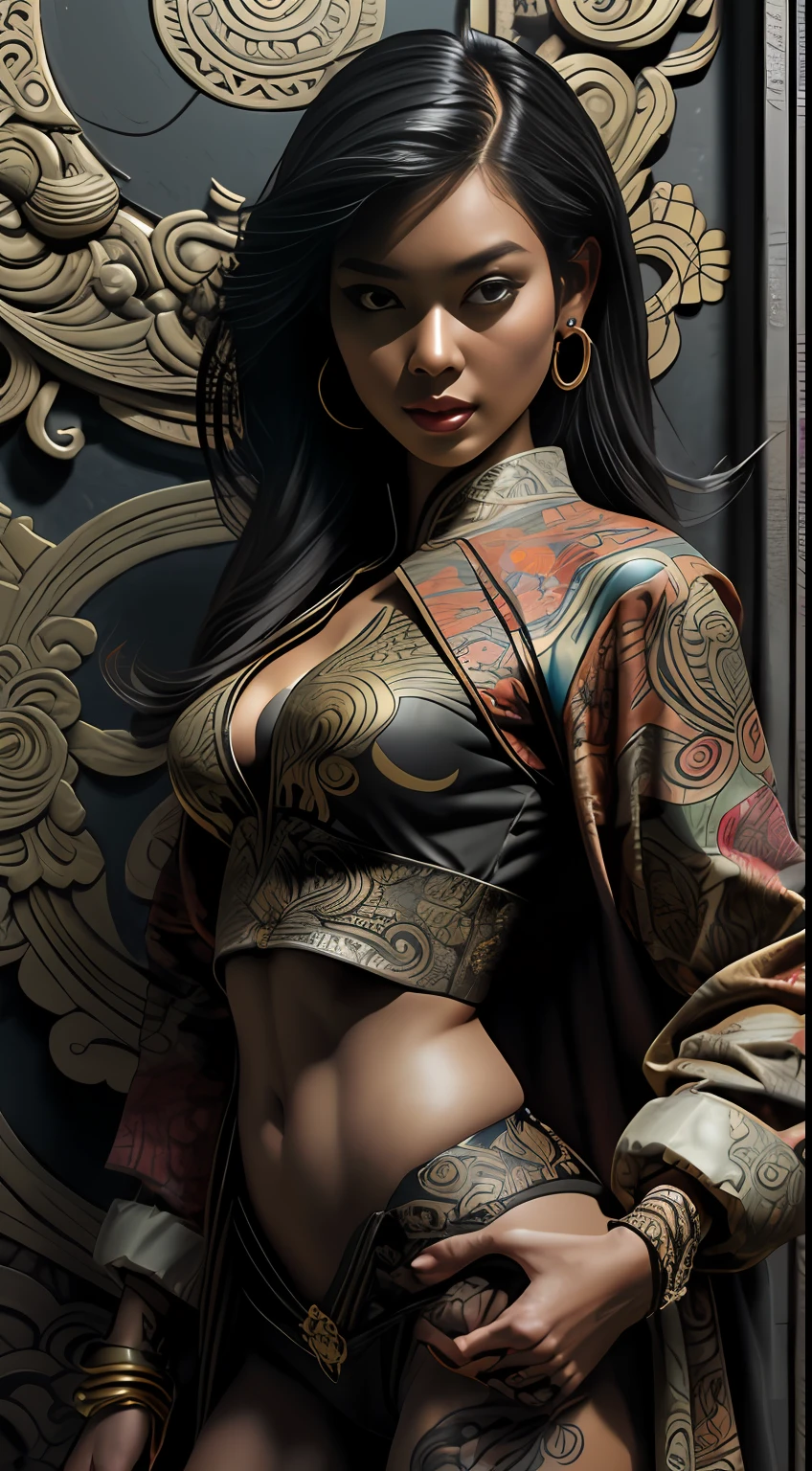 Textures: 1.5, gold: 1.1, white: 1.3, red: 1.3, (indonesian woman), sexy, tattoos, voluptuous, exotics, erotic, (power puffer clothes: 1.2), 3d graffitti, abstract, lines, (batik) , (balinese art), (balinese culture), background circles, by Adam Hughes, art by Jay Anacleto