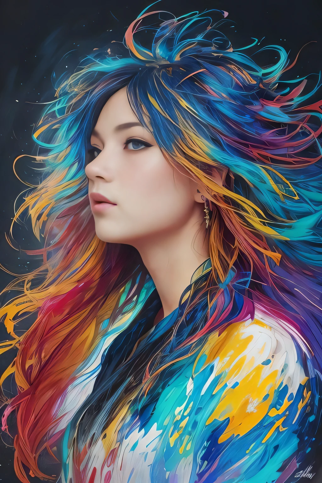 Colorful beautiful girl: a giru 8-years old, messy hair, oil painting, nice perfect face with soft skinice perfect face, blue yellow colors, light purple and violet additions, light red additions, intricate detail, splash screen, 8k resolution, masterpiece, cute face,artstation digital painting smooth veryBlack ink flow: 8k resolution photorealistic masterpiece: intricately detailed fluid gouache painting: by Jean Baptiste Mongue: calligraphy: acrylic: watercolor art, professional photography, natural lighting, volumetric lighting maximalist photoillustration: by marton bobzert:, complex, elegant, expansive, fantastical, wavy hair, vibrant
