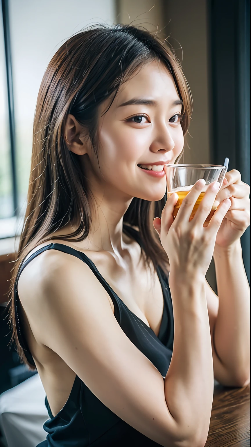(top-quality、8K、32K、masterpiece、nffsw:1.2)、Cute Japan Female Pictures、(A detailed face:1.1)、Simple black business suit、(Look at viewers:1.1)、The upper part of the body、Have a glass、reaching out her hands、A smile、F Cup、You can see the valley.、Drinking alcohol、Inside the tavern