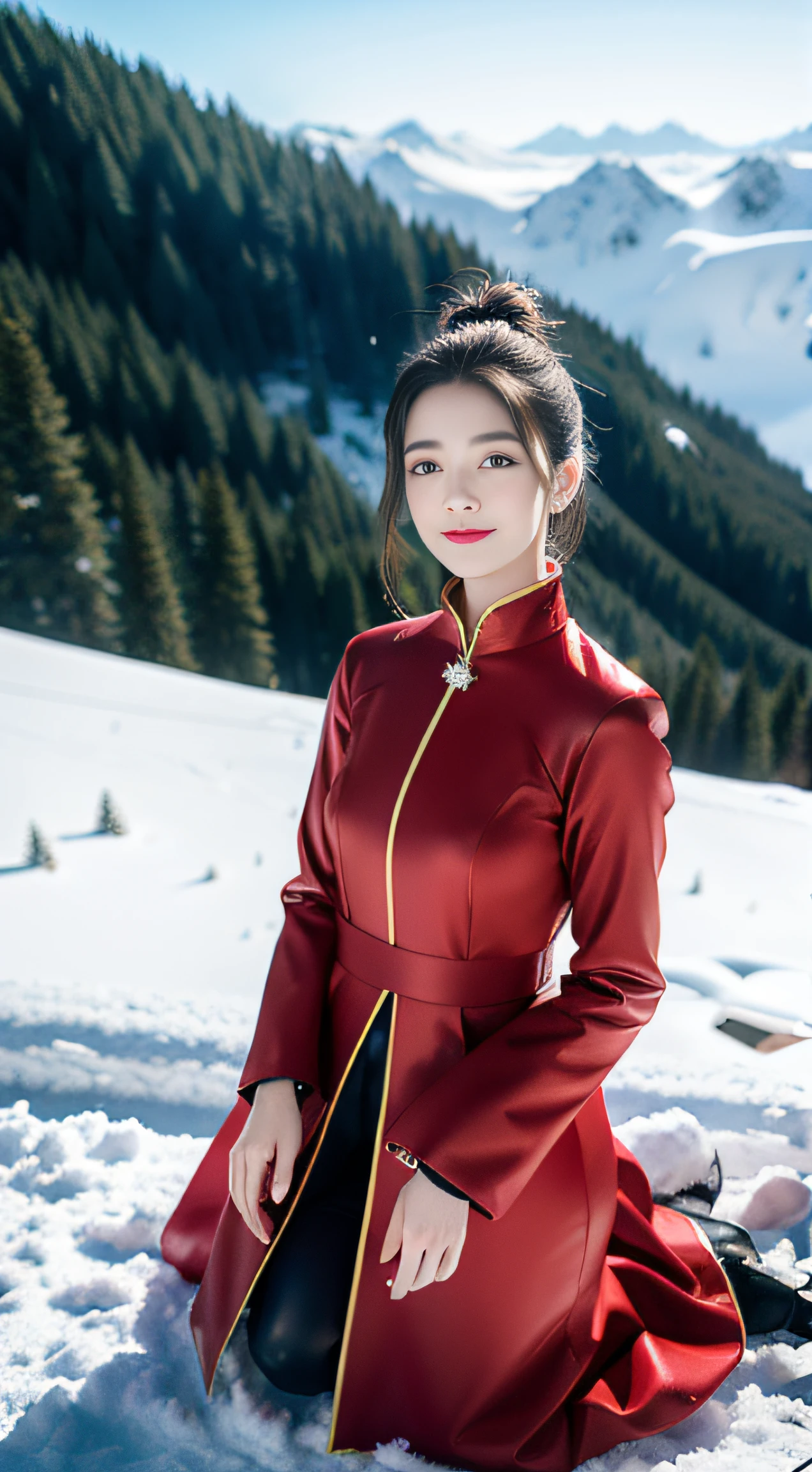 1 female,Standing in the snow on the top of the mountain,18yr old,(digital model:Nanako Matsushima 1.8),(Thin skeletal face,s delicate face),com rosto detalhado,(Fairy tale makeup:light make-up), Black colored eyes,(Look into the distance),Loose bun,((Windswept hair,Snow fell overhead)),Flaming red lips,Fair smooth skin,(Best Skin Type:1.21),mediuml breasts,(No underwear),((Hanfu,Fairy costume,Tulle coat)),masterpiece1.3,((Hasselblad photograp)),(half-body photo),There was heavy snow on the screen,scene:Her skin is better than snow, She was standing on the top of a mountain looking into the distance,Black hair and red lips,A slight smile,Fairy air ethereal,Tiny waist seal,8K分辨率, physically-based renderingt,profesional lighting,Surreal photography,exquisite detailing,详细的脸,The picture is pure,perfect hand,Perfect kneeling position,Ultra-fine makeup,Ultra-fine clothing material