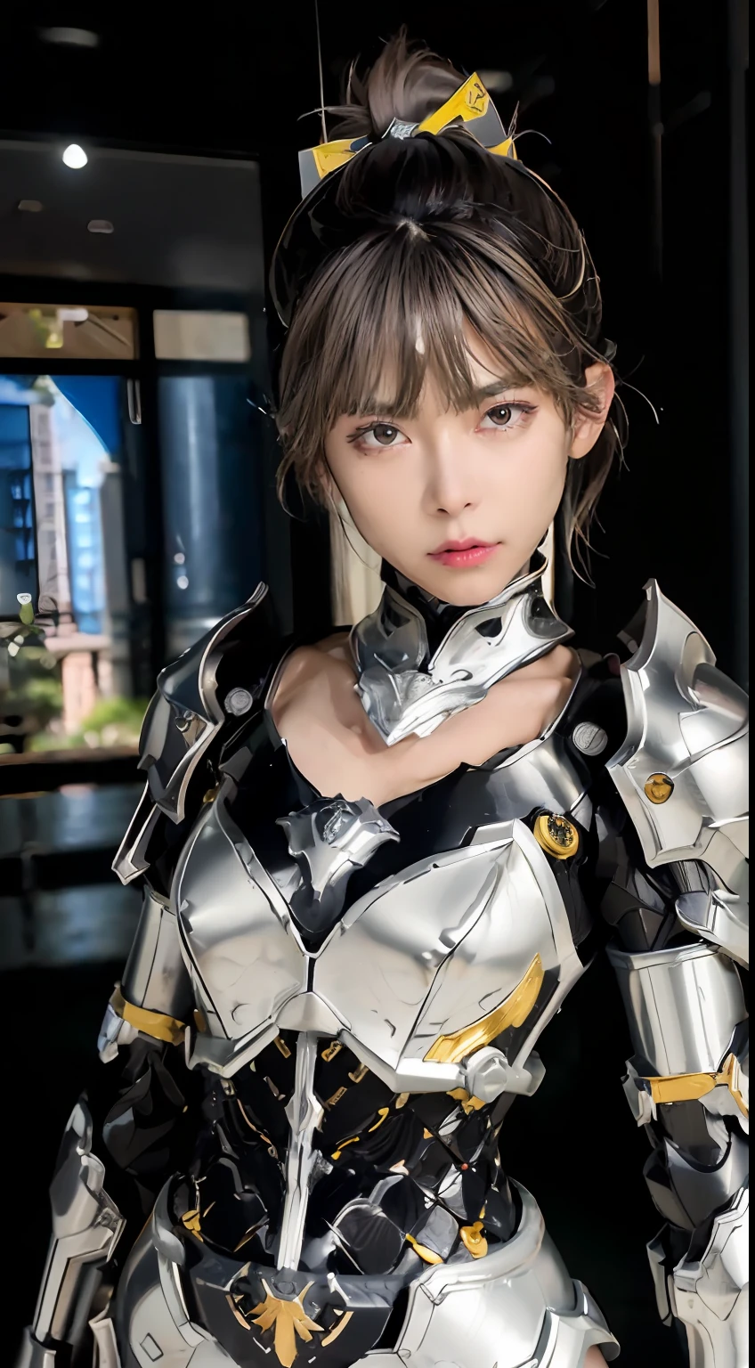 ((top-quality、8K、masterpiece:1.3))、(((The whole picture、FULL BODYSHOT)))、no-makeup、Teen Girls、1girl in、japanaese girl、(Slender figure:1.2)、silber hair、(((outside of house、城市、natta、battle suits、Black rubber suit:1.5、Black Cybersuit:1.5、Armor of the near future、Reflectors、The sheen、armor、Mechanical Armor:1.5、full armor:1.5、Full metal body、Electronics)))、Headband with communication device、hyperdetailed face、Detailed lips、A detailed eye、二重まぶた、(Huge chest on the verge of bursting:1.8、huge-breasted:1.8、Sensual body lines:1.5、Feminine body line:1.5、Accentuated cleavage、deep v neck)、fighting poses、long boots、cloaks、punch、kick、With weapons、Futuristic guns