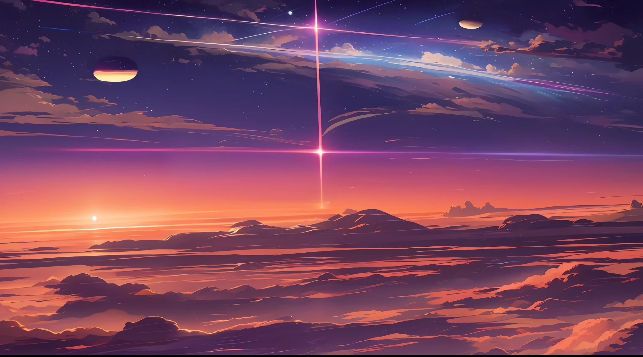 anime - style scene of a sunset with a distant star field, cosmic skies. by makoto shinkai, anime art wallpaper 4 k, anime art wallpaper 4k, anime art wallpaper 8 k, sunset on distant machine planet, 4k highly detailed digital art, anime wallpaper 4 k, anime wallpaper 4k, 4k anime wallpaper, anime background art, magnificent background, high quality output