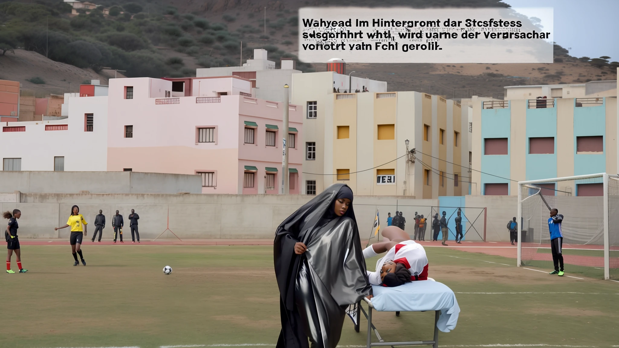 soccer, sports injury, theatralic erotic action, intense erotic scene, erotic pose, a love scene, interracial loving action, erotic, an injured soccer-boy in matte cotton sportswear is rearing up in pain on a stretcher, an injured soccer-boy in matte cotton sportswear is rearing up in pain on a stretcher that is carried by his african girlfriend, there is an attractive african girl in a deep black high-shine biker-jacket, a terrified but attractive african girl is evacuating her injured soccer-boyfriend from a soccer field, an injured soccer-boy in matte cotton sportswear is rearing up in pain on a stretcher while he is evacuated from the field of play by his very attractive african girlfriend, an injured soccer-boy is crying in pain, an attractive african girl in a wet deep black shiny plastic-jacket is giving first aid, dramatic action scene, first aid, injury, pain, agony, helping woman, woman carrying a man, an attractive african girl in a black shiny biker- jacket, an attractive african girl in a wetlook shiny patent-leather-biker-jacket with lipstick and madeup smokey eyes, a consciousless german boy in a cotton shirt and a matte jeans, an attractive african girl with lots of makeup in a very shiny wet black biker-jacket, an attractive african girl is wearing a shiny bikerjacket, an attractive african girl with smokey eyes, an attractive madeup girl in shiny leather with lipstick, an attractive african girl is carrying a german boy, a matte clothed injured boy, a shorthaired boy with cotton t-shirt, a shorthaired boy needs to be carried while wearing matte sportswear