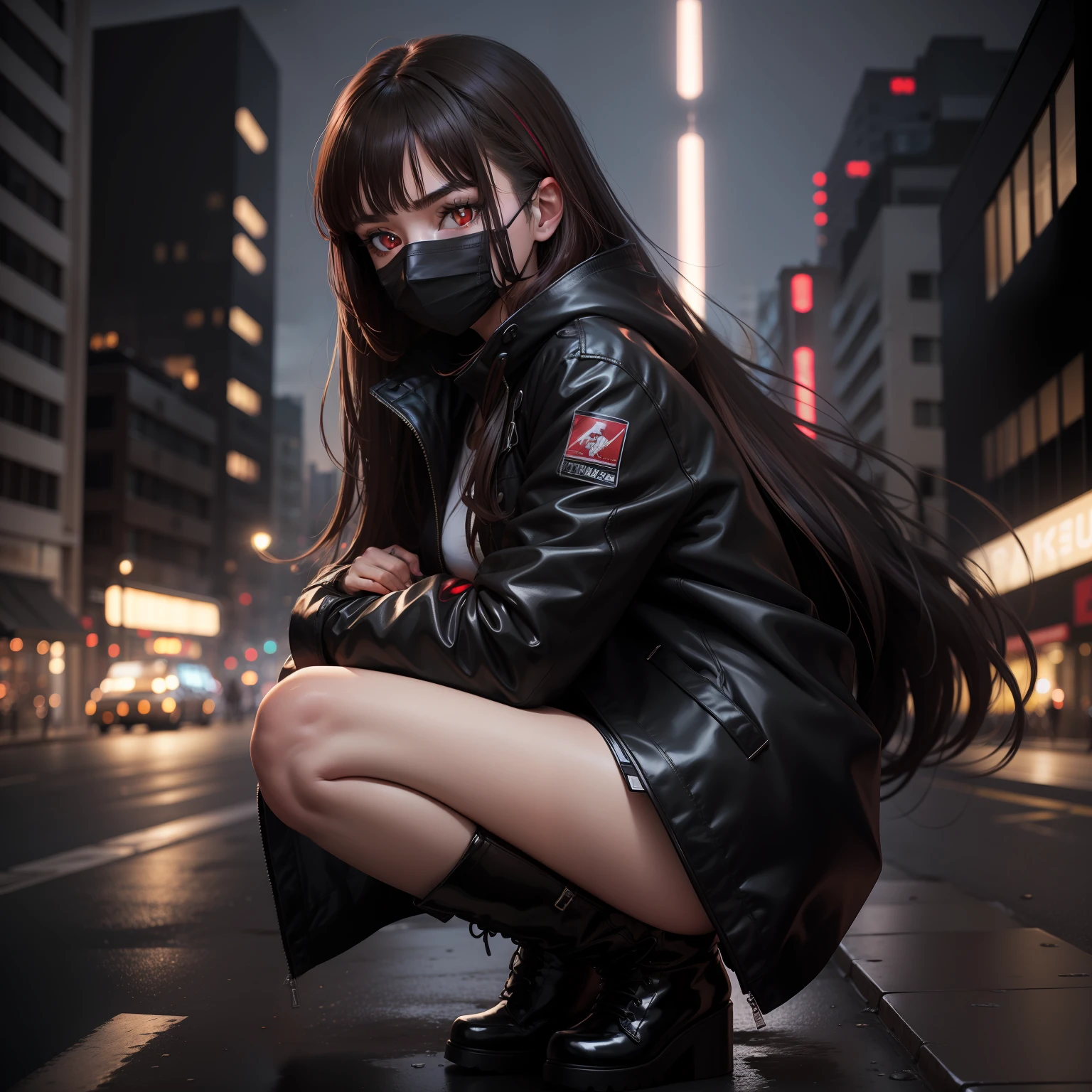 1girl, turkish face, slim cheeks, looking age 25, red eyes, long brown highlights hair, wearing black facemask, black coat jacket, white shirt, black skirt, black high boots, night urban road, absurdres, high res, ultrasharp, 8k, masterpiece, looking at viewer fiercely