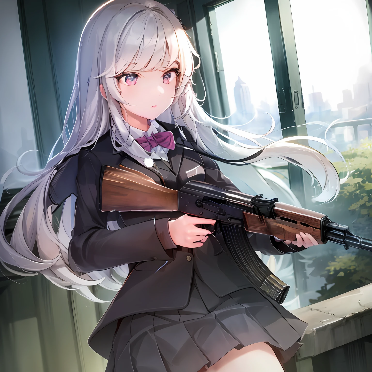 masterpiece, best quality, high resolution, extremely detailed CG,  1girl, school uniform, holding gun, ak-47, akm, assault rifle, kalashnikov rifle, (aiming:1.2), finger on trigger,