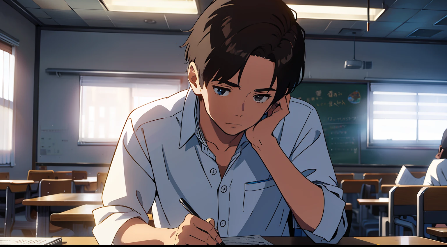 high school classroom,One was wearing a white shirt,A boy with delicate facial features,Pen in hand,Write with your head down
