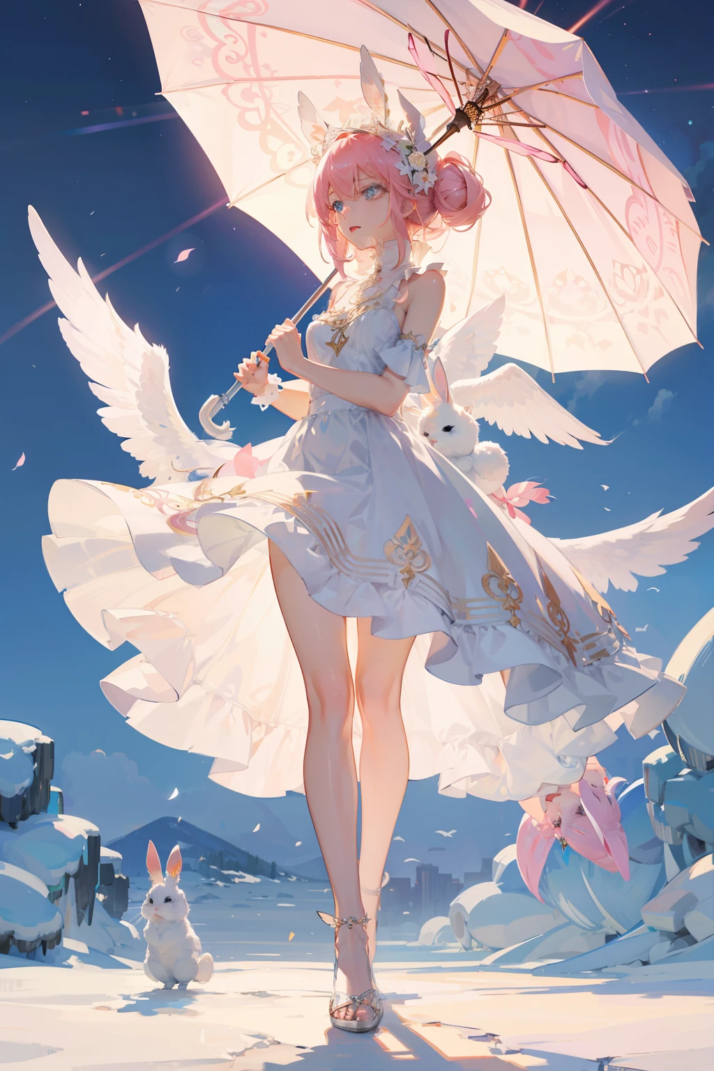 With an umbrella,Gorgeous designed white slip dress,Whole body diagram,A pink-haired,blue color eyes,ornate headdress,Rabbit element,Angel element。