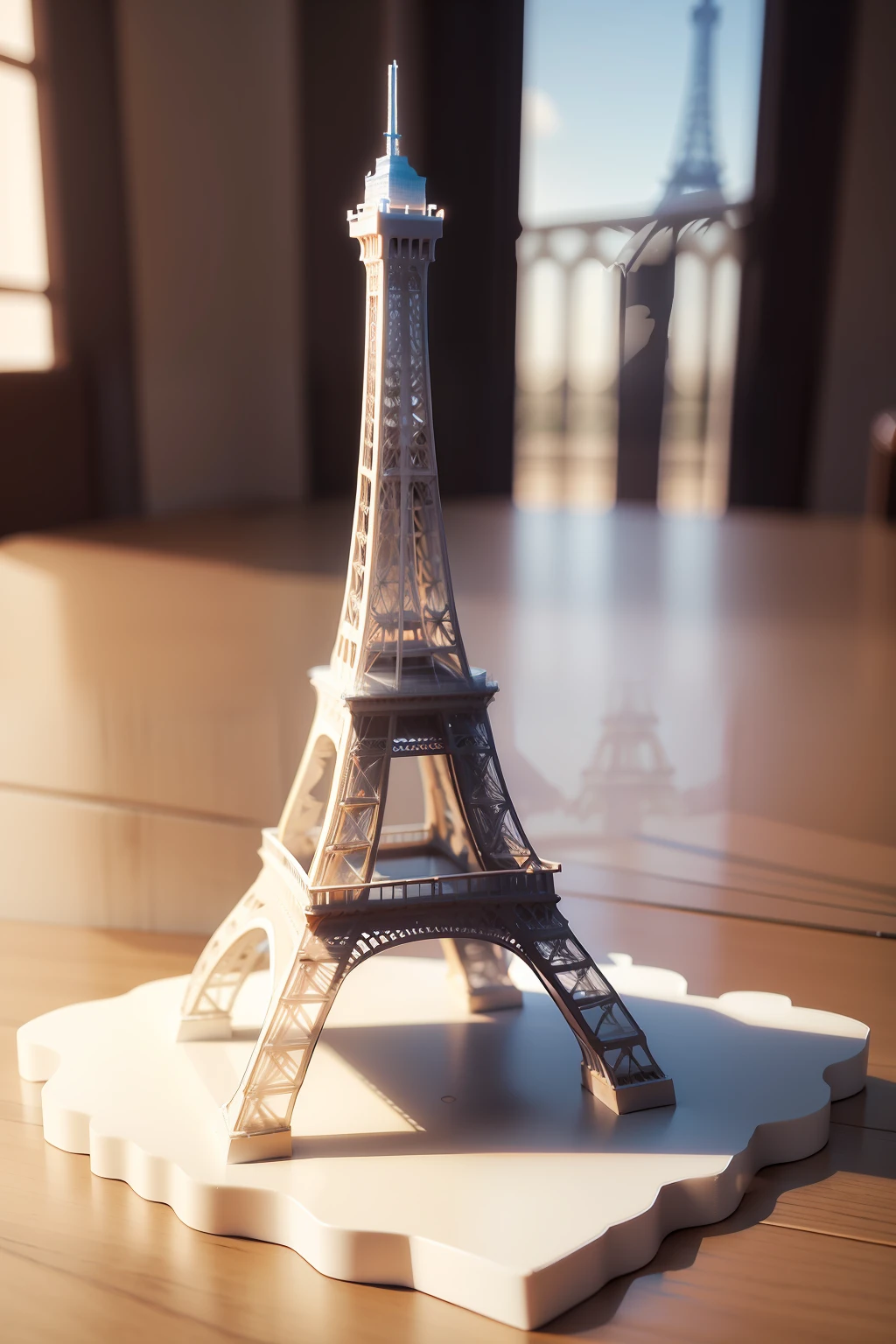 3D printing model of milky white Eiffel Tower, detailed, high-precision, realistic