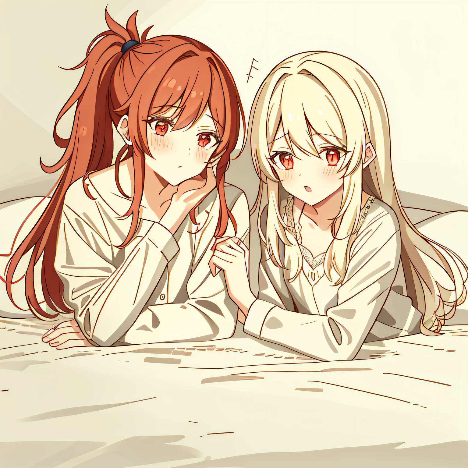 2 girls, Be red in the face, (vred:0.6), is shy, (tmasterpiece, best qualtiy:1.1), (sketching:1.1), Paper, Look at each other, The upper part of the body, Detailed eyes, pyjamas,onbed,2 girls, Be red in the face, (vred:0.6), is shy, (tmasterpiece, best qualtiy:1.1), (sketching:1.1), Paper, Look at each other, The upper part of the body, Detailed eyes, pyjamas,onbed,pillow head