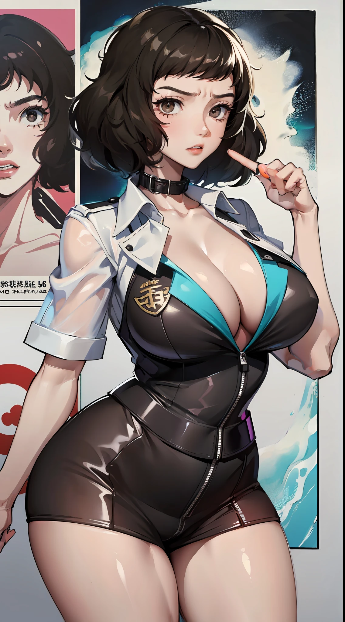 kawakami sadayo,Teacher attire,ssee-through,Fleshy thighs,Pose,Poster publicity style,Ocean park,busty figure,C cup,Angry expressions