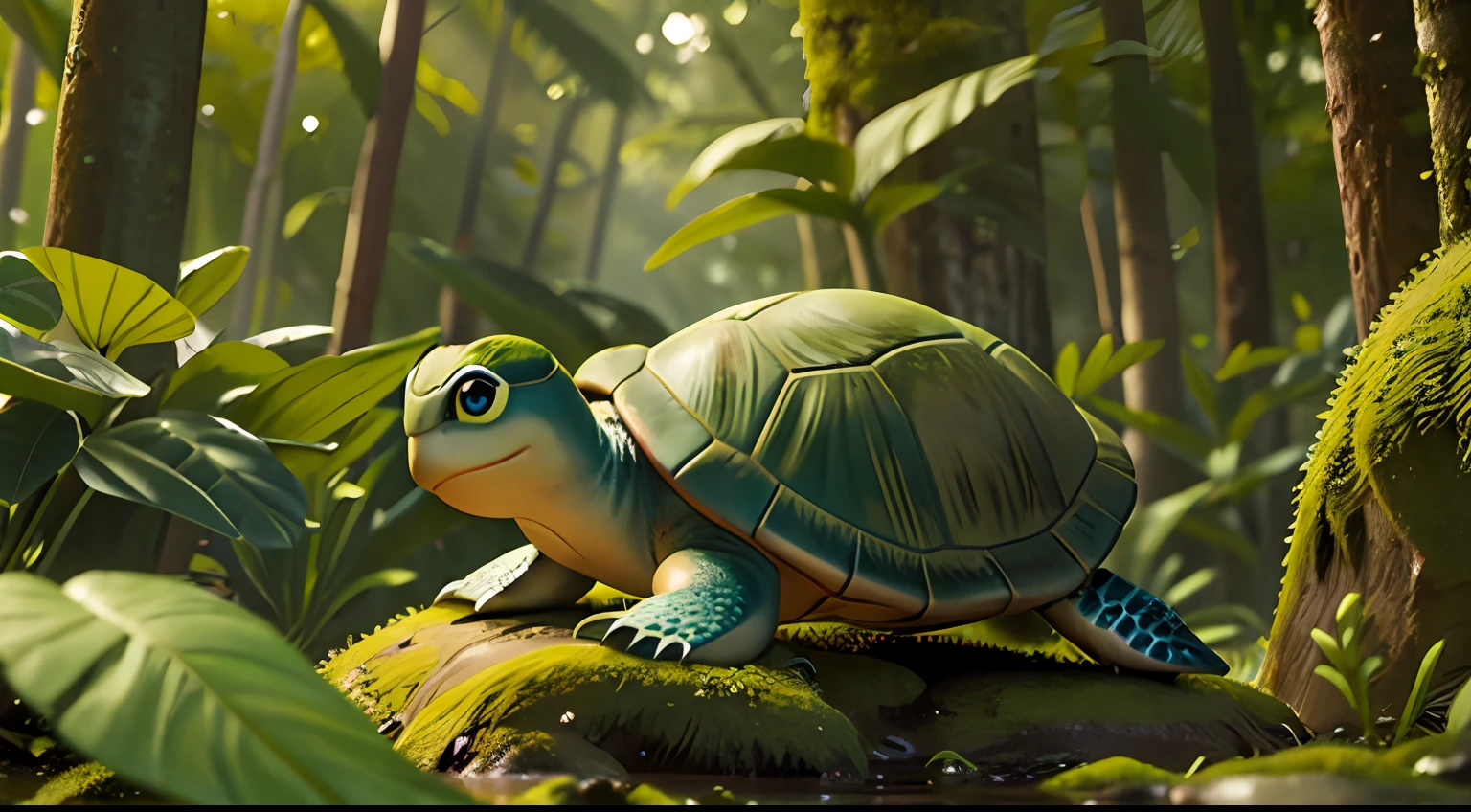 A small green turtle in the forest，Distant shots