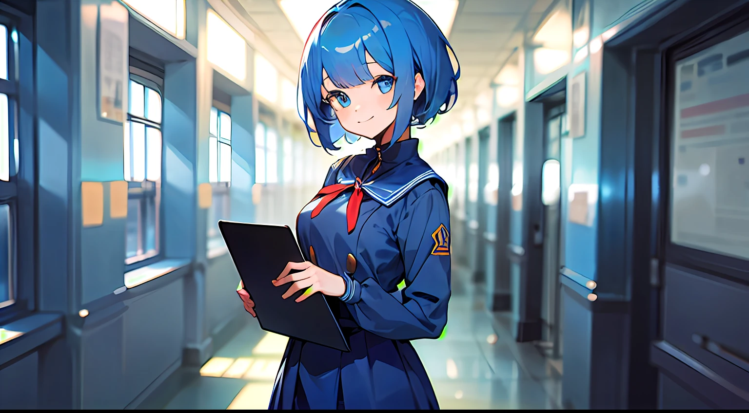 mid-shot,The upper part of the body、femele, Detailed eyes, ((Have a laptop)),Standing anime girl, Short hair, Blue hair, Bangs,school hallway,Dark blue uniform, Long sleeves,Turned ,Over the back、Smiling smile
