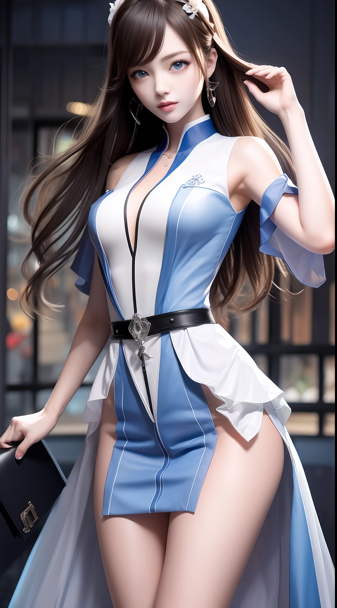 4k ultra hd, masterpiece, very high quality, a girl, beautiful, good face, smooth face, detailed eyes, beautiful hair, very long hair, hair band, medium breasts, wait 40kg, hight 5.2 feet, cute look, modern clothes, white shirt, blue jeans, good shoes, morning background, buildings, sun lights, clear weather, stylish looking,