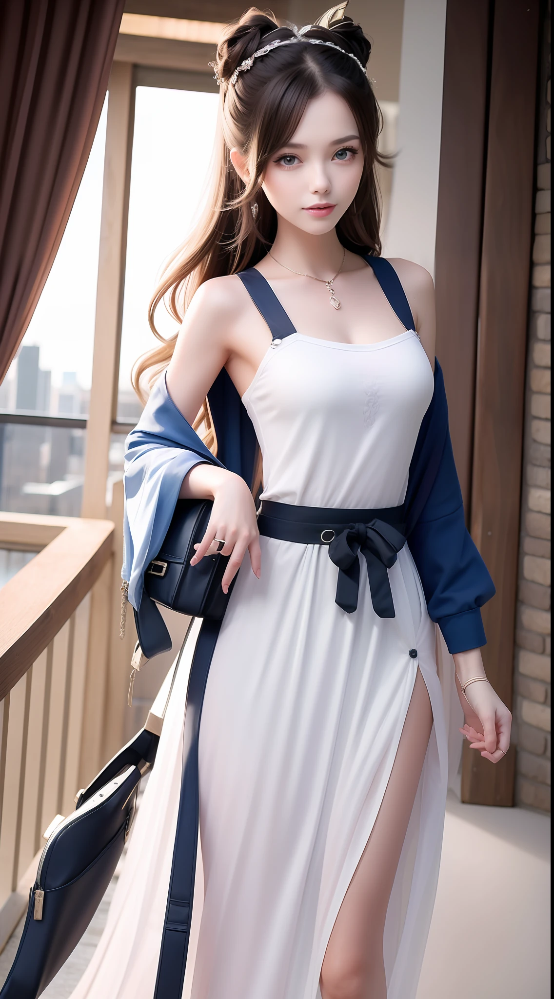 4k ultra hd, masterpiece, very high quality, a girl, age 20 years old girl, good face, smooth face, detailed eyes, beautiful hair, very long hair, hair band, cute look, modern clothes, white shirt, blue jeans, good shoes, morning background, buildings, sun lights, lamborghini car, clear weather, stylish looking,