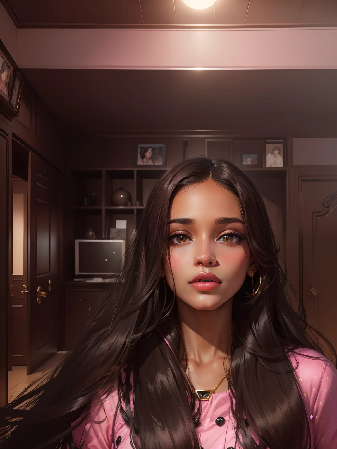 Stylish girl princes pink lips realistic face brown skin black hair luxurious