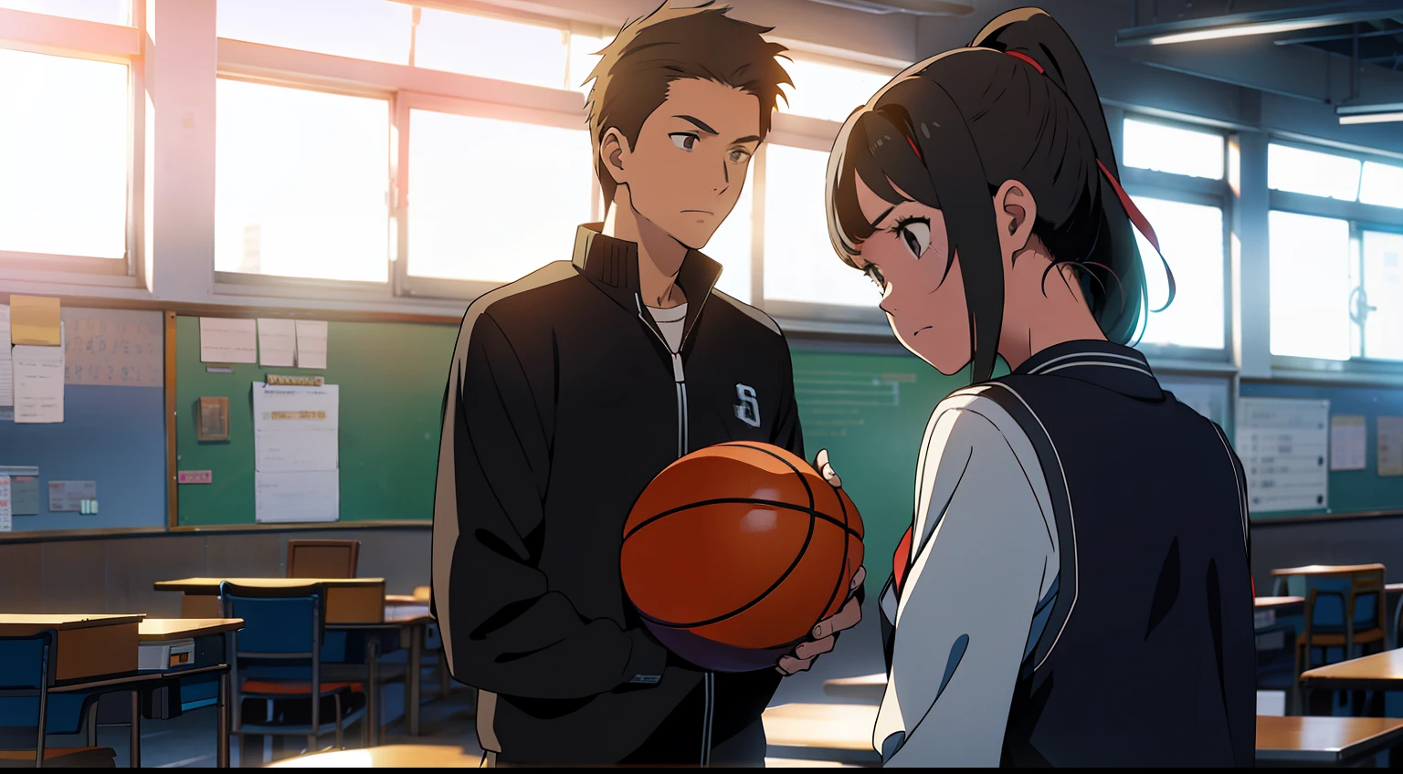 high school classroom,A girl with a ponytail,Quarrel with a boy with a basketball in his hand
