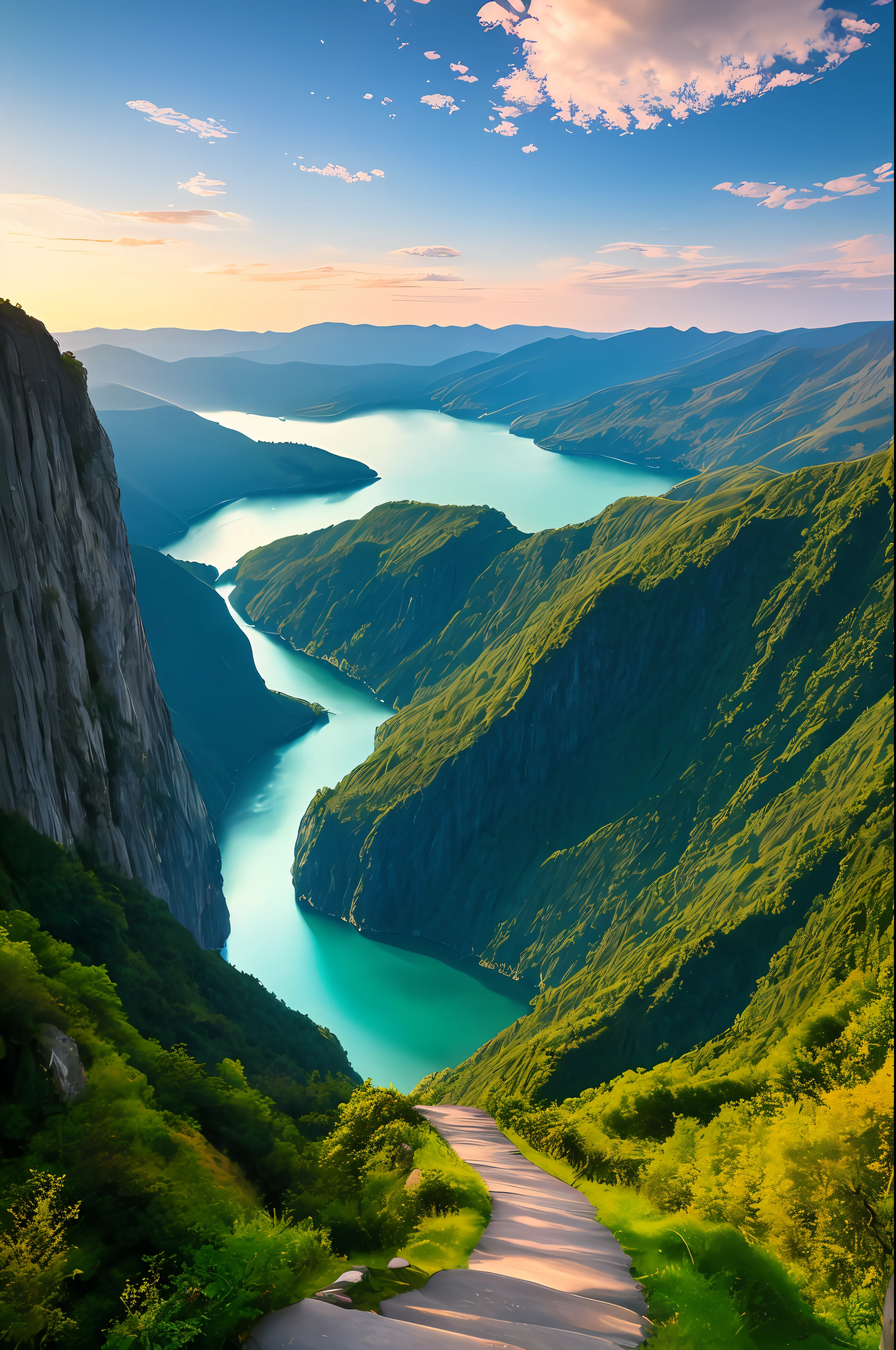 Masterpiece, ultimate quality, Cg unity 8k wallpaper, super delicate, beautiful sky and clouds, rich natural scenery, cliffs, lakes and rivers, waterfalls and flying water, beautiful green mountains, no trace of people, excellent scenery, has already won a photo contest, background Blurring, full depth of field, HDR high dynamics, true restoration, intricate, extreme details, dramatic presentation, perfectly presenting the style of midjourney art.