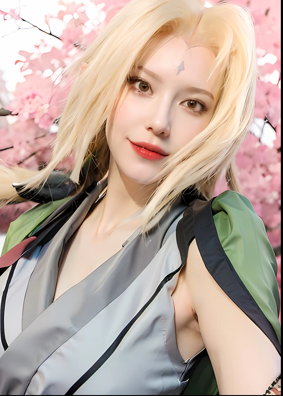 1girl, (8k, RAW photo, best quality, masterpiece:1.2), (ultra highres:1.0),detailed illustration, (real person,fashion photography portrait,photograph), detailed, detailed beautiful skin, (realistic, photo-realistic:1.37), taunadeNS, solo, professional lighting, green dress), village, east asian architecture, trees, village hidden in the leaves background,looking_at_viewer, smile,yellow hair,yellow eyes,mitain,toeless footwear,kunai,facial mark,konohagakure symbol,fighting_stance,fence,ninja,adjusting gloves,sleeveless,cleavage, big breats