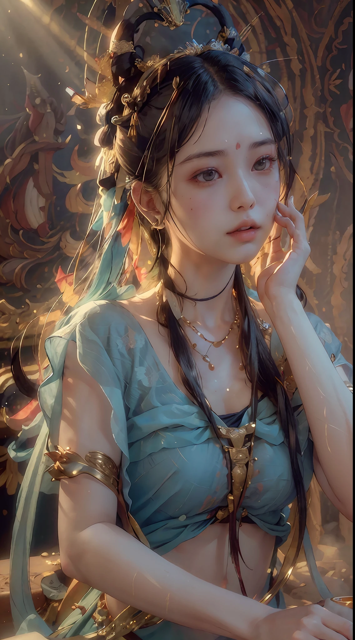 (RAW photo, best quality), (realistic, photo-realistic:1.3),best quality,highly detailed,masterpiece,ultra-detailed,illustration,1girl,upper_body,dynamic angle,world masterpiece theater,messy_long_hair,best quality,extremely detailed CG unity 8k wallpaper,ink,Amazing,cinematic lighting,lens_flare,,dunhuang_style