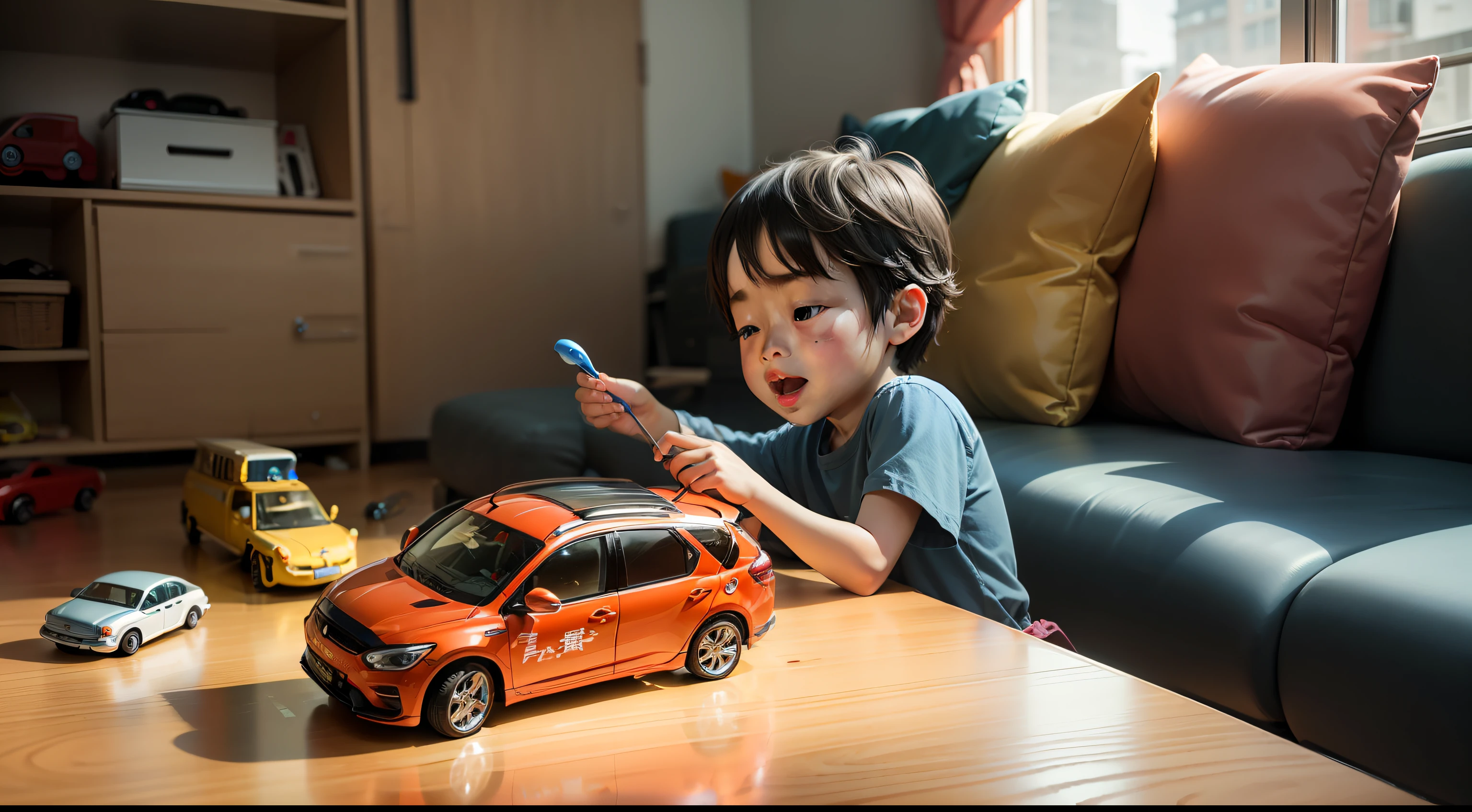 There was a ,He happily plays with toy cars at home。