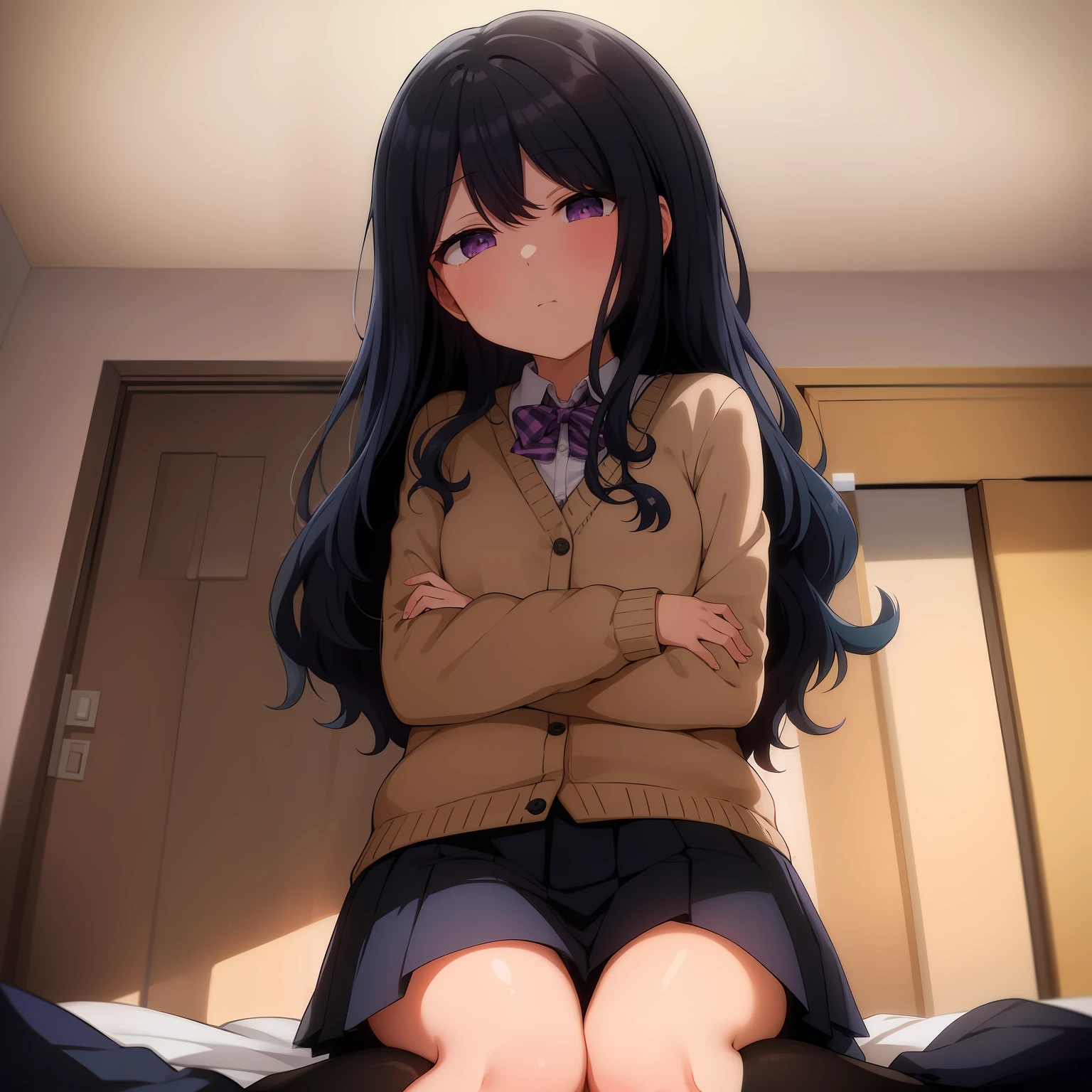 La mejor calidad, (Obra maestra:1.2), Altamente detallado, dentro, dormitorio, cama, sabanas,
1girl, solamente, Nozaki Yuu, boca cerrada, DESDE EL FRENTE, Mirando al espectador, En pie,
cabello azul, Pelo muy largo, cabello ondulado, purple eyes, Uniforme escolar, Calcetines negros