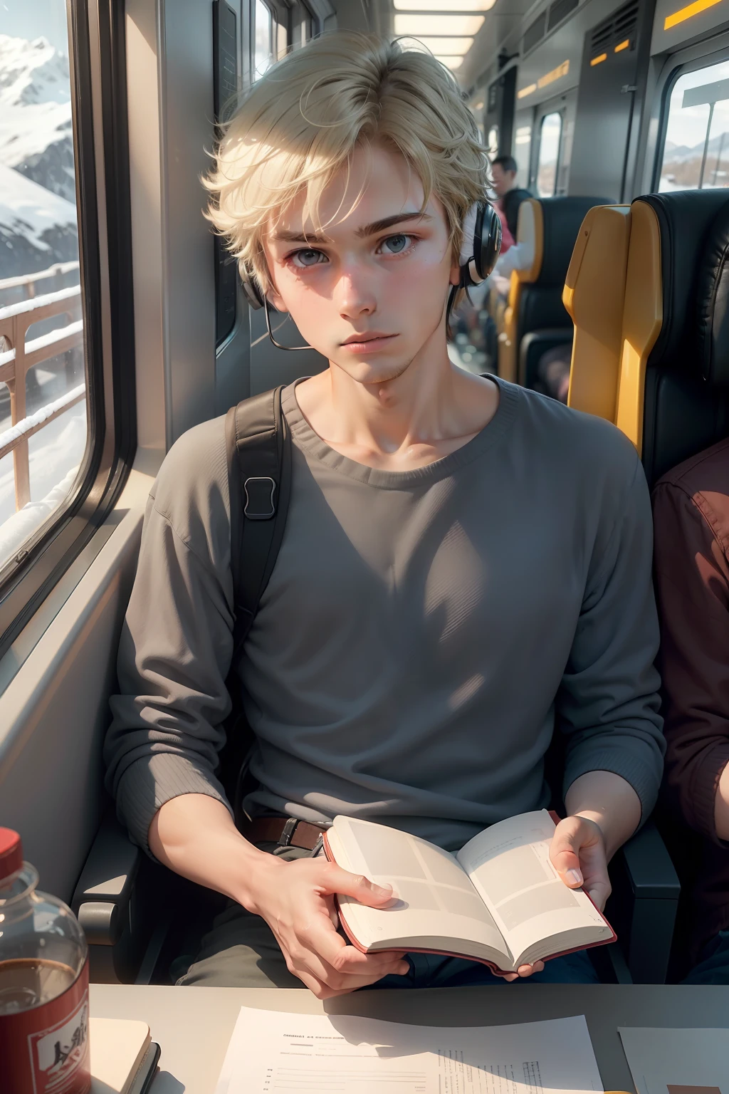 A 26-year-old boy，Riding on a high-speed train，Head out the window，There are blurry images on the windows，Snowy mountains outside the window，Boy with Bluetooth headset，The boy's hair is slightly yellowed，Bring wireless headphones，In front of him is a table，There is a book on the table，One hand on the cheek，One hand on the book，The boy's expression was focused