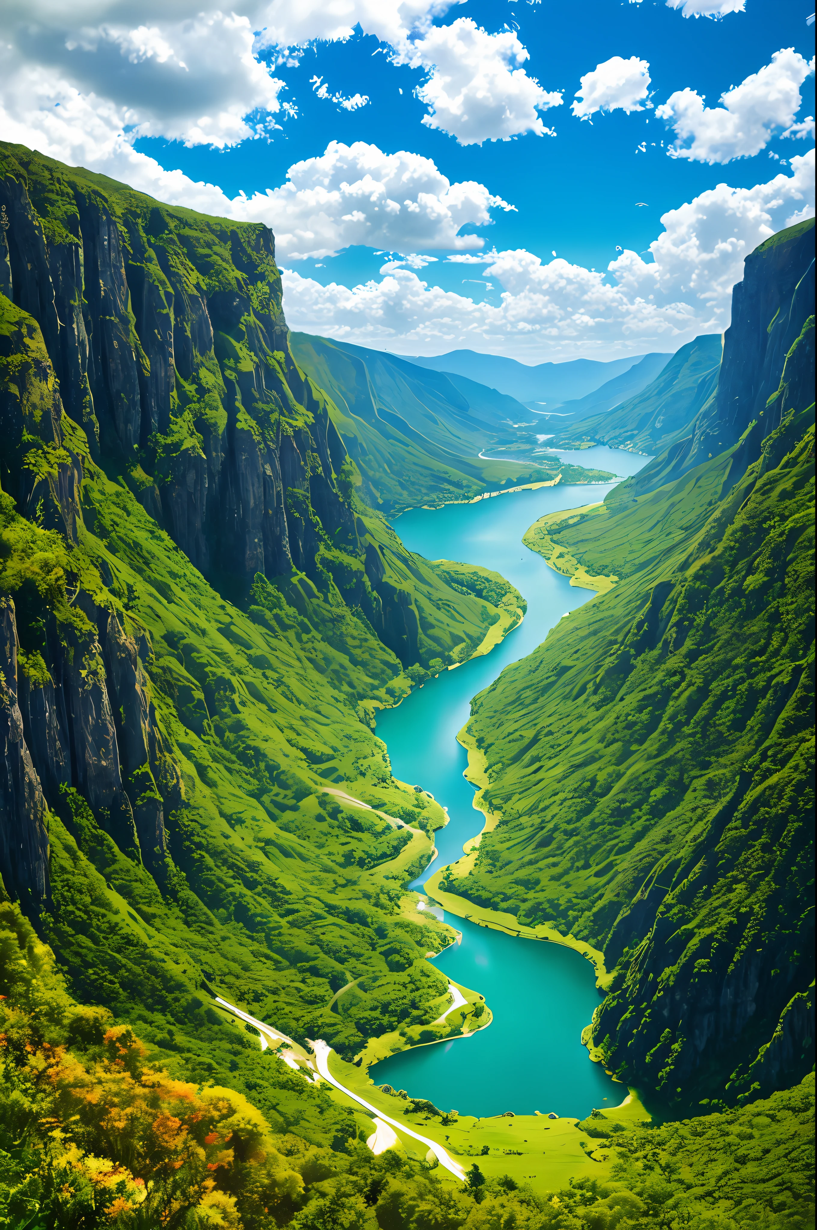 Masterpiece, ultimate quality, Cg unity 8k wallpaper, super delicate, beautiful sky and clouds, rich natural scenery, cliffs, lakes and rivers, waterfalls and flying water, beautiful green mountains, no trace of people, excellent scenery, has already won a photo contest, background Blurring, full depth of field, HDR high dynamics, true restoration, intricate, extreme details, dramatic presentation, perfectly presenting the style of midjourney art.