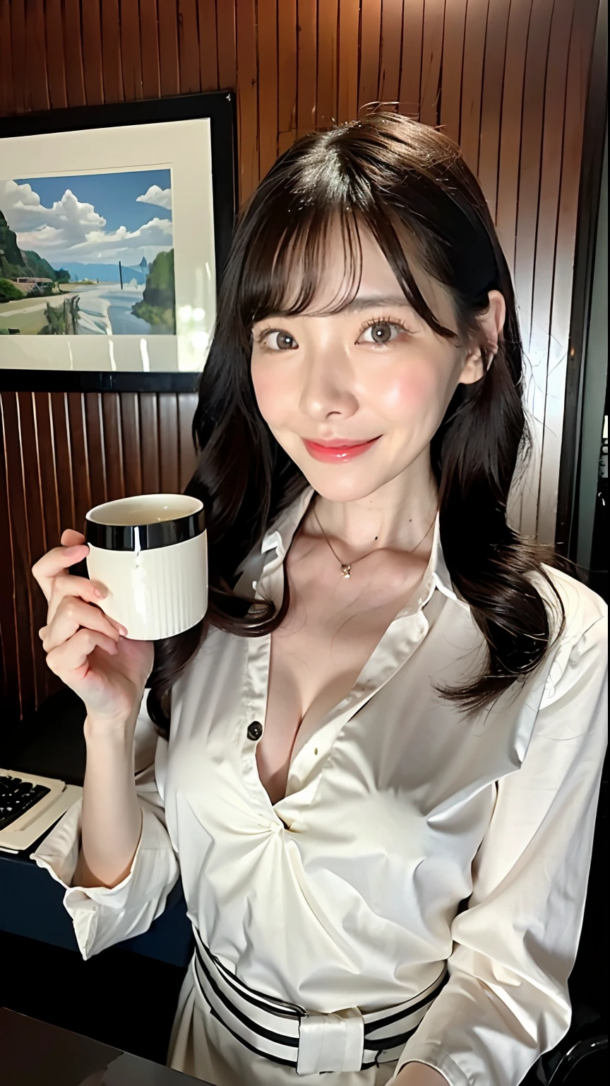 (top-quality、8K、32K、​masterpiece、nffsw:1.2)、Photos of pretty Japan women、(A detailed face:1.1)、Simple black suit、(Look at viewers:1.1)、The upper part of the body、a necklace、dress shirts、skirt by the、Have a mug、reaching out her hands、A smile、E Cup Breast、Drinking alcohol