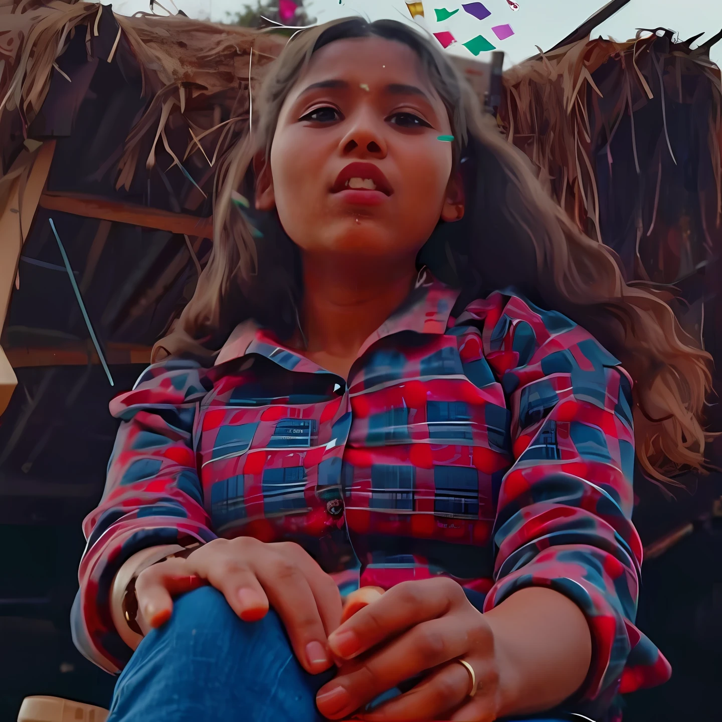 there is a woman sitting on a chair with a straw hut in the background, still from a music video, indian girl with brown skin, film promotional still, movie film still, an film still, music video, film still promotional image, age girl, profile pic, film still from the movie, still frame from a movie, young girl, assamese aesthetic change to anime