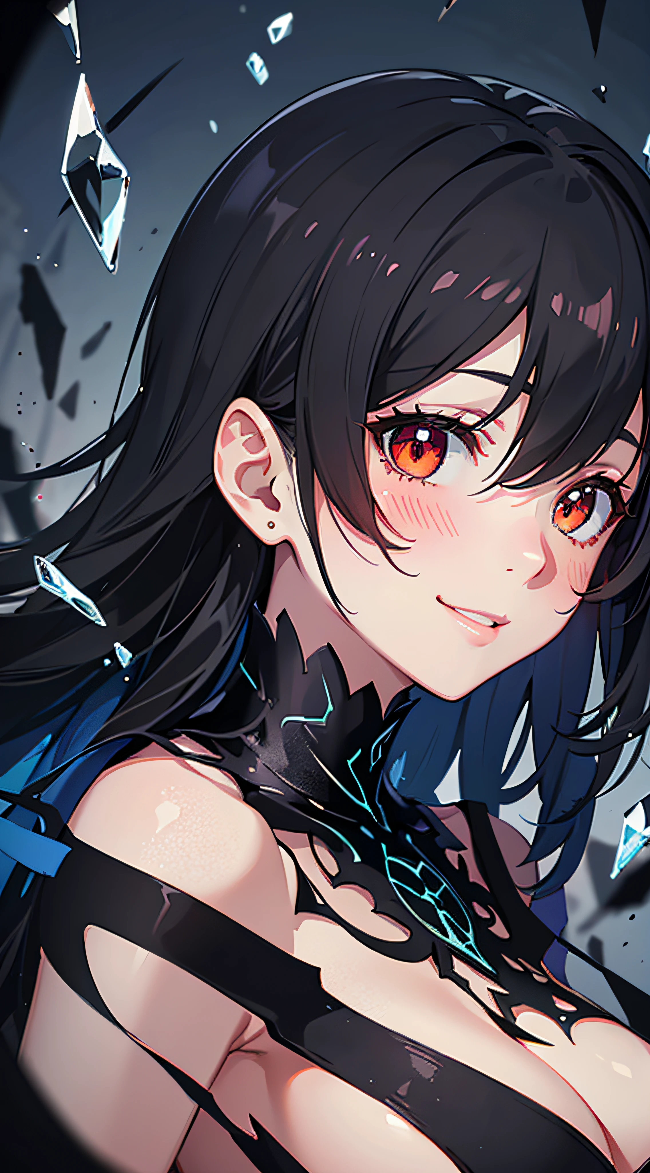 (masterpiece, best quality, ultra-detailed, best shadow), (detailed background,dark fantasy), (beautiful detailed face), high contrast, (best illumination, an extremely delicate and beautiful), ((cinematic light)), colorful, hyper detail, dramatic light, intricate details, (1girl, solo,black hair, sharp face,red eyes, hair between eyes,dynamic angle), blood splatter, swirling black light around the character, depth of field,black light particles,(broken glass),magic circle, smooth anime style CG, 8k wallpaper, 8k uhd, RTX, HDR, (smile, embrassed, blushing:1.2)