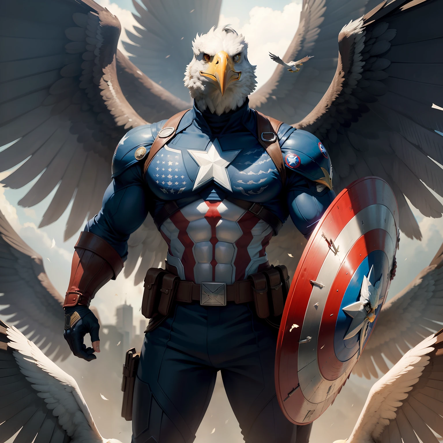 The avian version of Captain America with the face of an eagle has an athletic body with visible muscles. His face features a sharp beak and keen eyes that exude courage. Blue feathers wrap around his body, giving the impression that he's cutting through the wind swiftly. On his chest, the iconic Captain America shield logo is present, but with a distinctive eagle twist. He wears the classic Captain America costume, with a blue and white suit adorned with stars on the blue portion. His shield is crafted from a special material that combines the traditional shield with the majestic wingspan of an eagle. With a resolute and determined stance, he's ready to protect justice and freedom with unwavering spirit. Ultra realiatic.