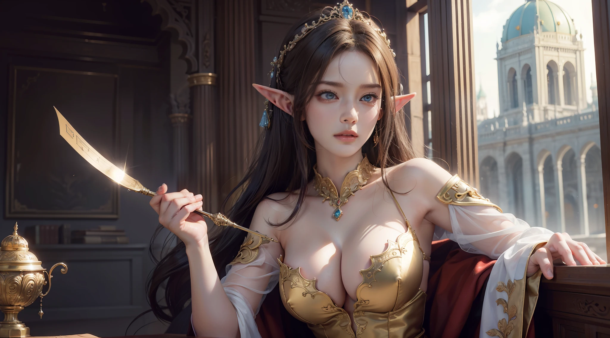 HighestQuali,BestWorks,A masterpiece,RAW photo effect,Realistic Photo Effect,Super high detail,super-fine,palaces,Female elf,(Close portrait:1.3),Large breasts,dynamicposes,looks into camera,dramatics,fumo,magia,magnificent robe,complex patterns, Description of the Ultrra precise pointer, Photorealistic, Super detail, Masterpiece, Best quality, A high resolution, 8K,Best quality at best,tmasterpiece,ultra - detailed,volumettic light,Background bokeh