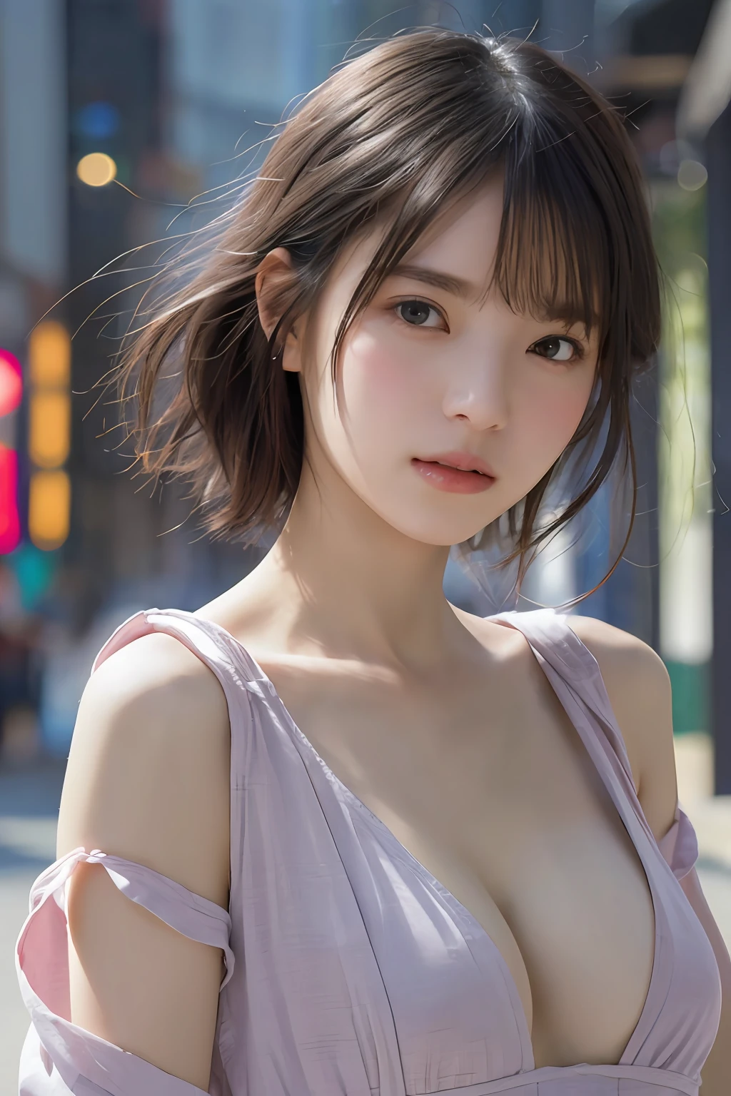 randome pose, mix4, (8K, Raw photography, top-quality, masterpiece: 1.45), (realisitic, Photorealsitic: 1.37), one girls, cute little, A city scape, natta, Sateen, Wetty, profetional lighting, photon maping, Radio City, physically-based renderingt, Gradient black hair, white hair, short curly hair, a handsome, girl with, Deep V Neckline Lip Dress, Top Quality Photos, hight resolution, 1080p, (clearface), (Detailed face description), (Detailed hand description), (masterpiece), (Exquisite CG), extreme light and shadows、dishevled hair、master work、abundant detail、(Fine facial features)、(top quality photo)、(masuter piece)、(A detailed eye)、Look in front of you、Fine clavicle、((Colossal tits))、((small areolas、small tits:1.3))、happy smail、((Ultra-thin ultra-realistic eyebrows))、(Dancing hair)、(((Ultra-thin fabric clothing、Full)))