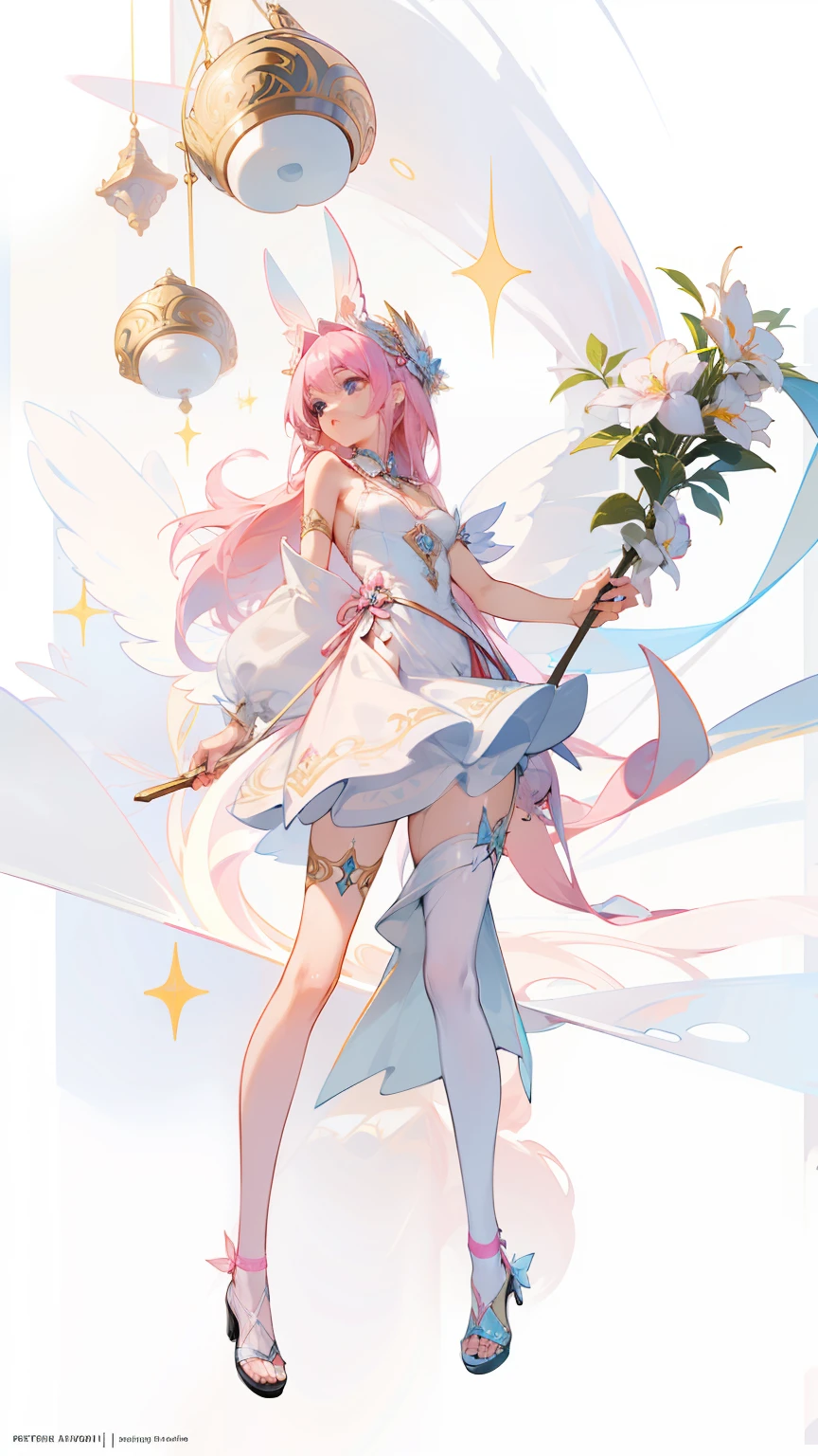 CG artwork with extreme detail,Best Picture Quality,The white slip dress is beautifully designed,full body pov,A pink-haired,blue color eyes,ornate headdress,Rabbit element,Angel element,Front view,Focus on depicting the skirt