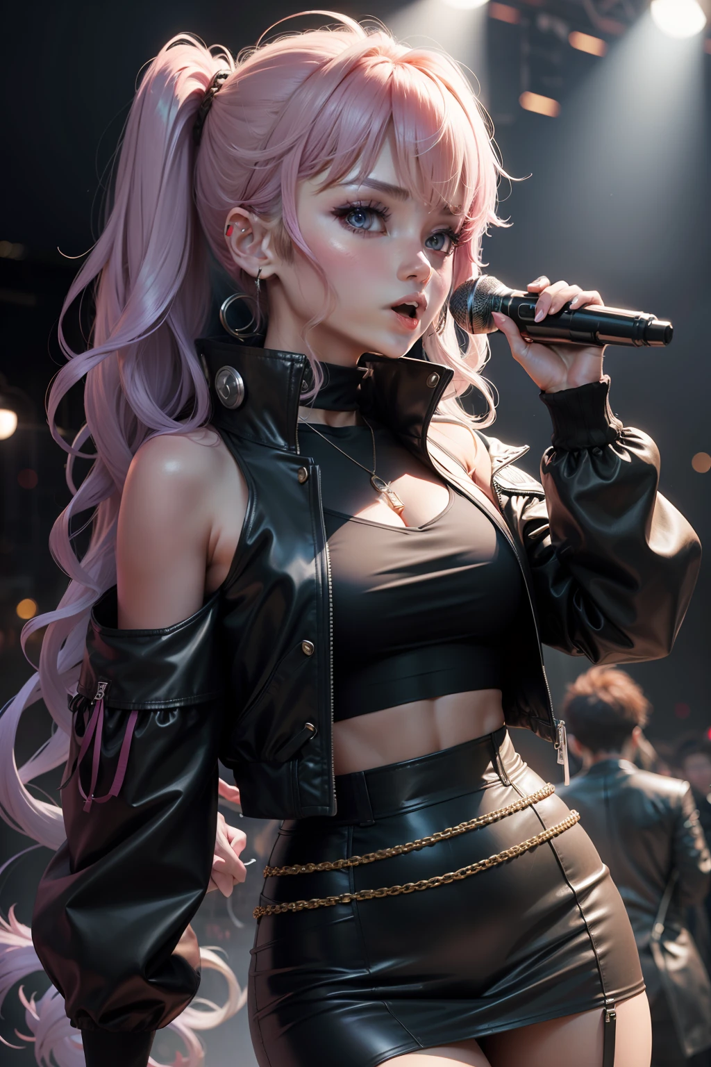 An idol singer wearing a shoulder-padded puff half-sleeved jacket made of metal