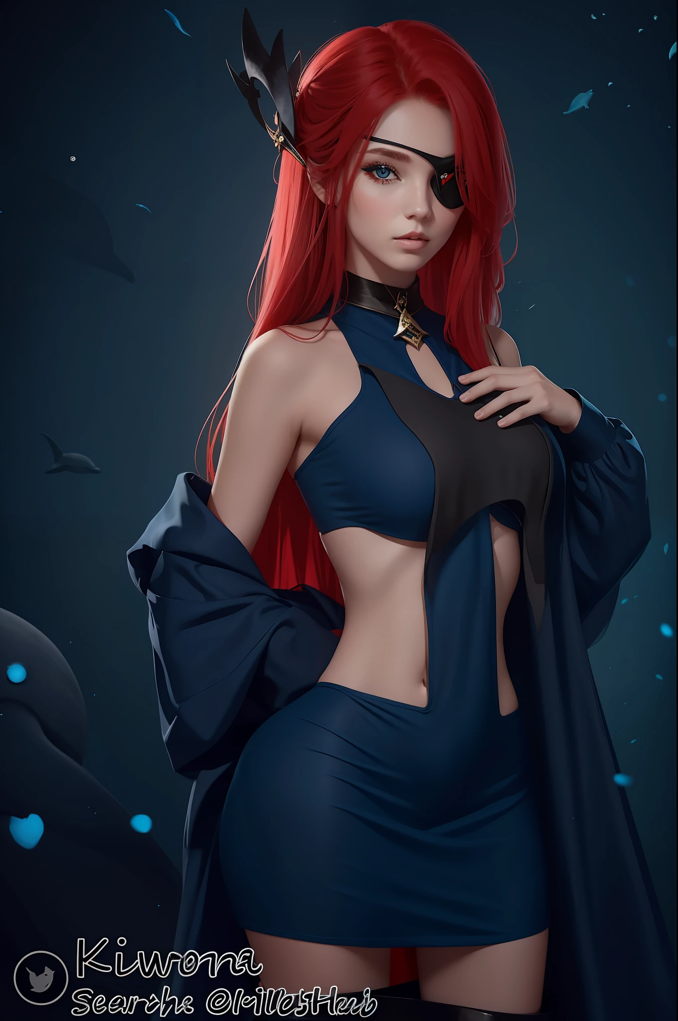 A beautiful girl, dark blue crop top dress, long red hair, pirate eye patch, dolphin suit effect