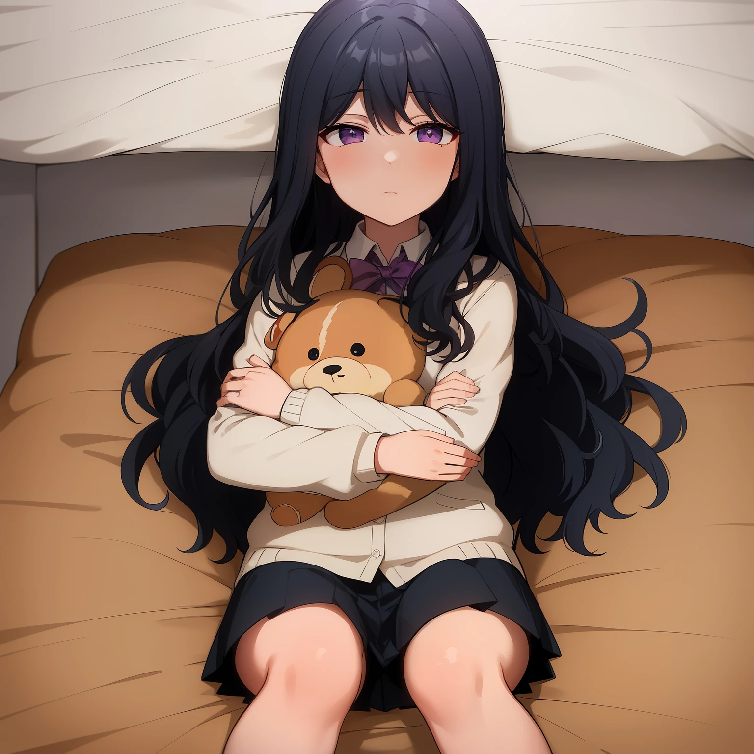 La mejor calidad, (Obra maestra:1.2), Altamente detallado, dentro, dormitorio, cama, sabanas,
1girl, solamente, Nozaki Yuu, boca cerrada, DESDE EL FRENTE, Mirando al espectador, En pie,
cabello azul, Pelo muy largo, cabello ondulado, purple eyes, Uniforme escolar, Calcetines negros