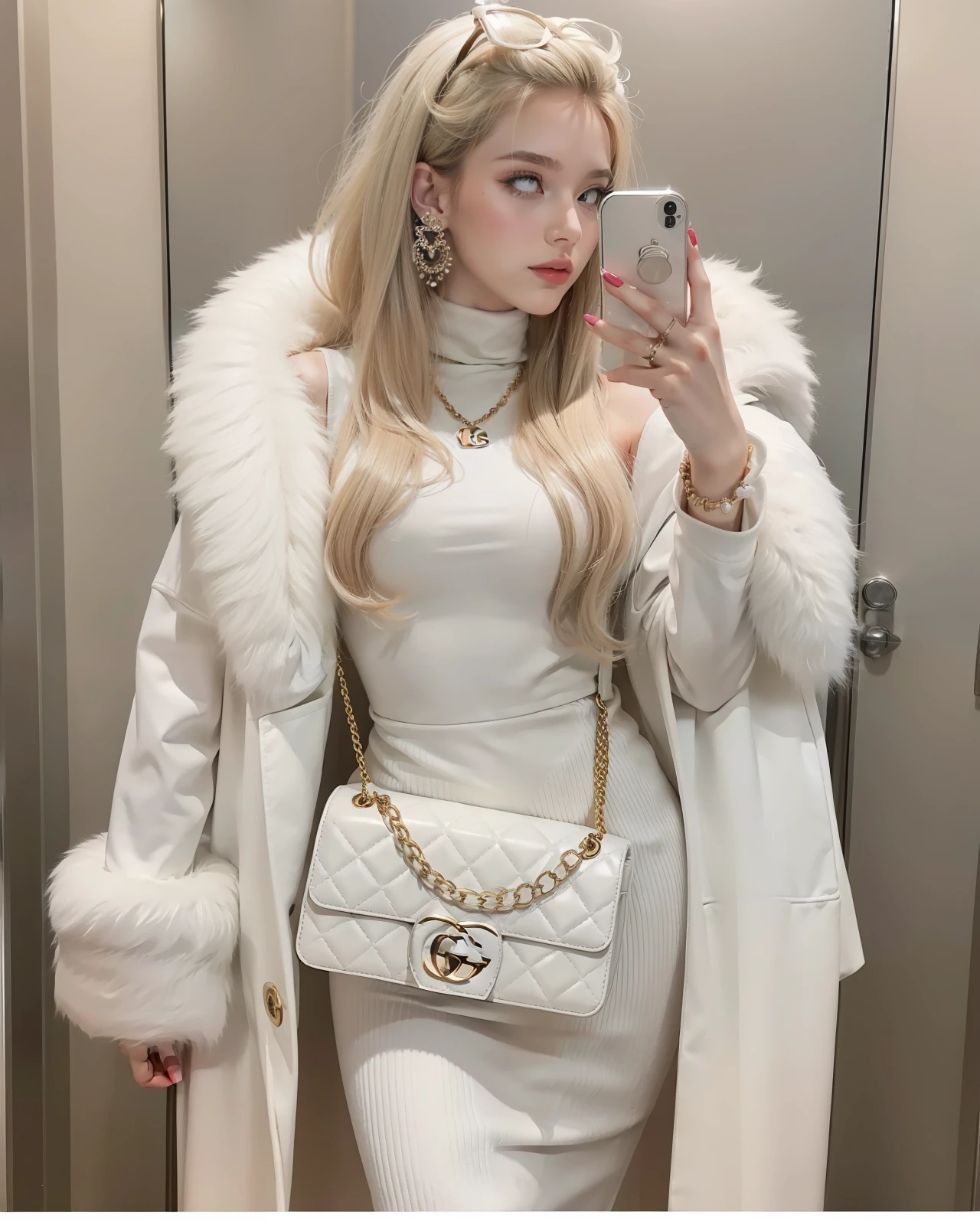 Woman posing in mirror in elegant fur white dress and Gucci bag