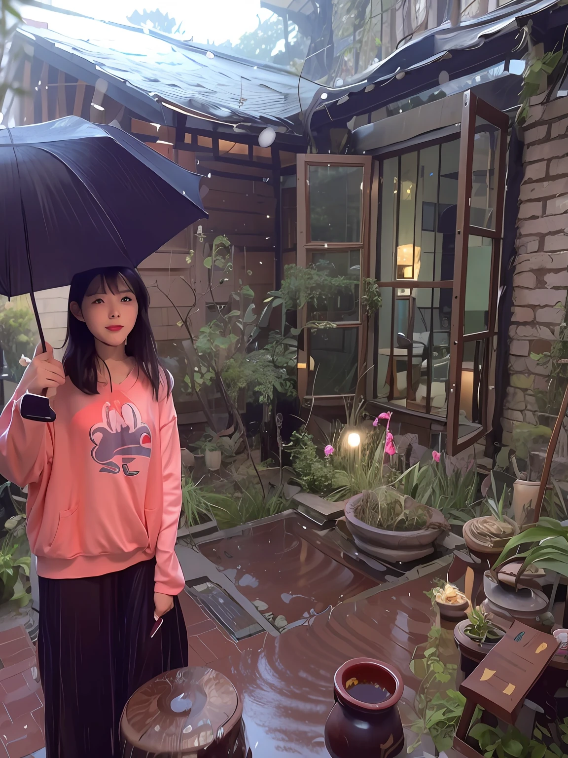 "In the rain，There was a woman holding an umbrella in the courtyard，She stood outside the house，In the garden in front of the house。The rain fell in the ancient garden behind her，Raindrops gently hit the ground on a rainy evening，It creates a mysterious and beautiful picture。"