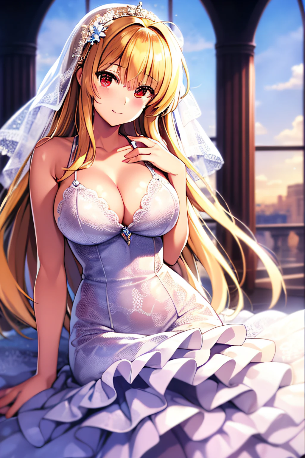 (((Best quality))), ((Ultra-detailed)), ((illustration)), ((Disheveled hair)), ((frilld)), (1 girl), (Solo),wedding gown,