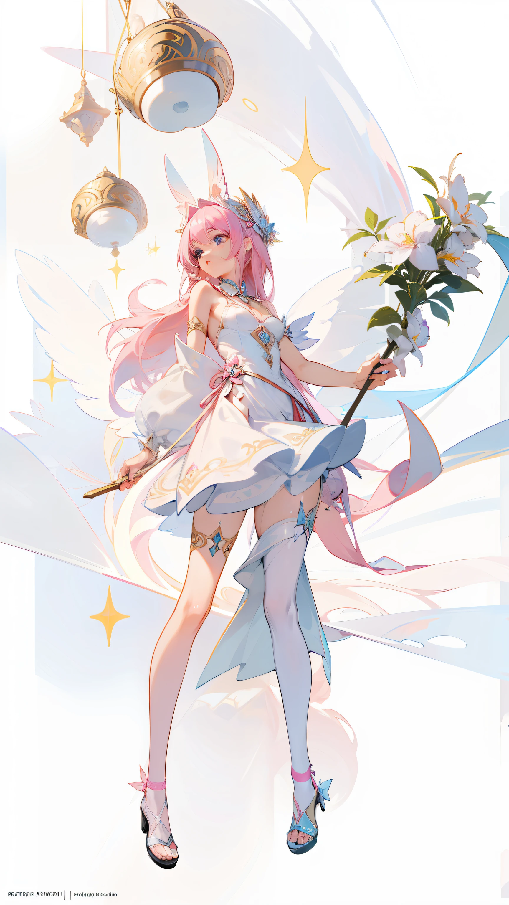 CG artwork with extreme detail,Best Picture Quality,The white slip dress is beautifully designed,full body pov,A pink-haired,blue color eyes,ornate headdress,Rabbit element,Angel element,Front view,Focus on depicting the skirt