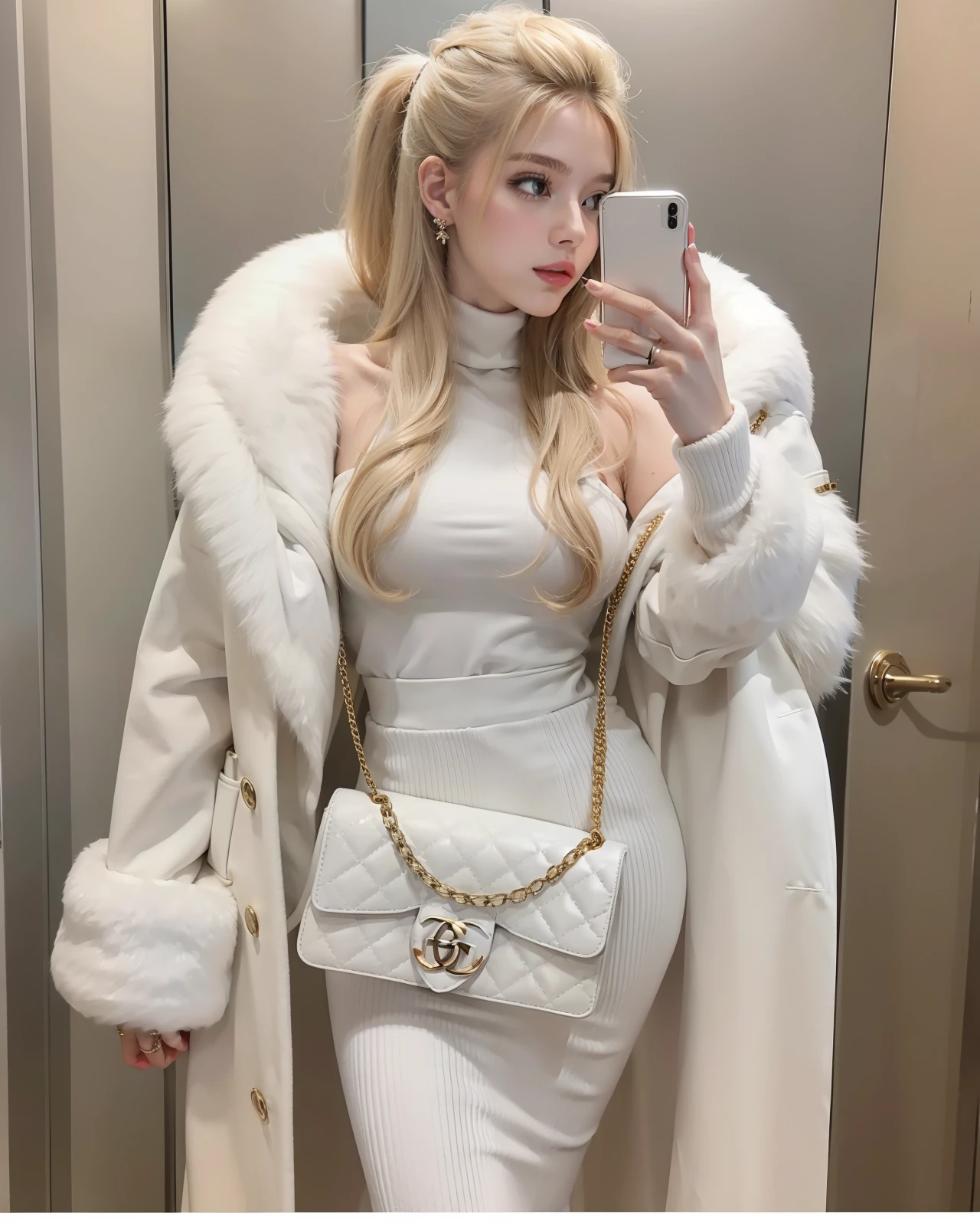 Woman posing in mirror in elegant fur white dress and Gucci bag